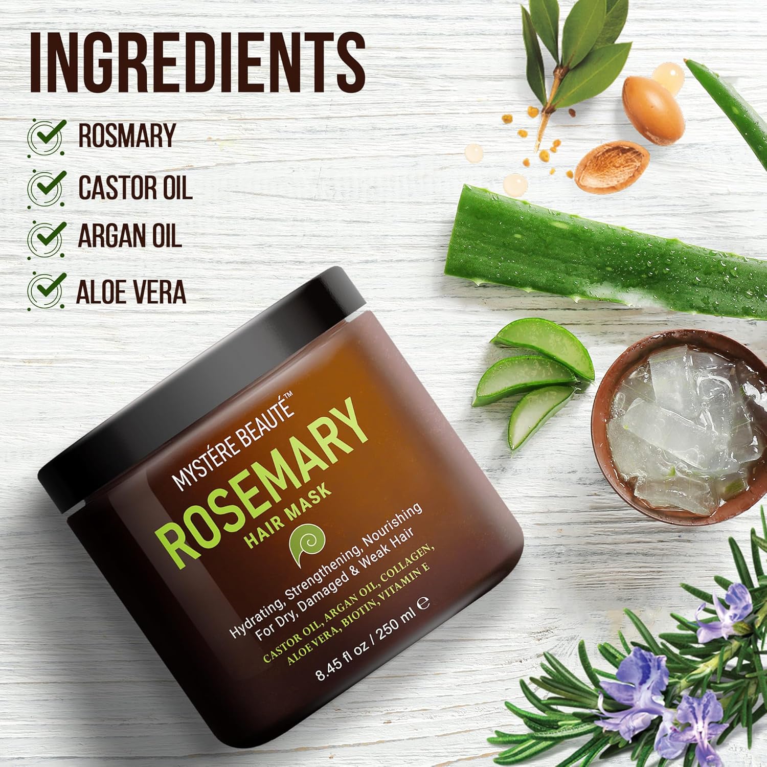MYSTÉRE BEAUTÉ Romero – Mascarilla para el cabello dañado con colágeno, biotina, aceite de argán, acondicionador profundo fortalecedor para cabello