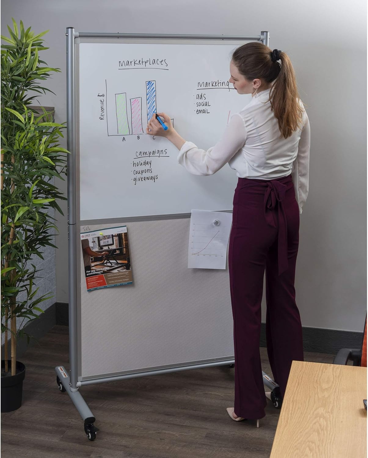 Stand Up Desk Store – Pizarra blanca magnética móvil rodante, divisor de habitación, pizarra de borrado en seco para el hogar o el aula (pizarra