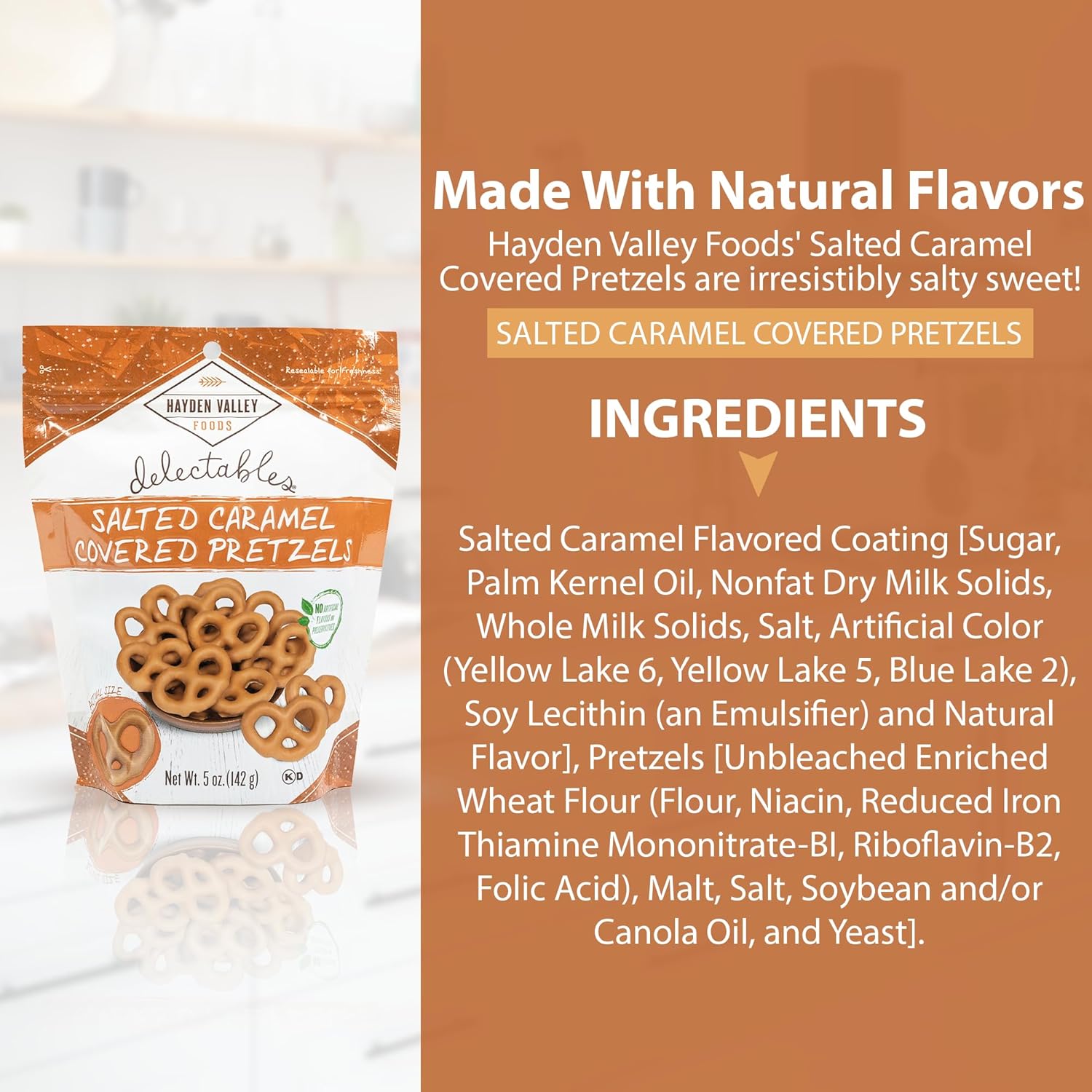 Hayden Valley Foods Pretzels cubiertos de caramelo salado, bolsas de 5 onzas (paquete de 3), sin sabores, conservantes ni colores artificiales,