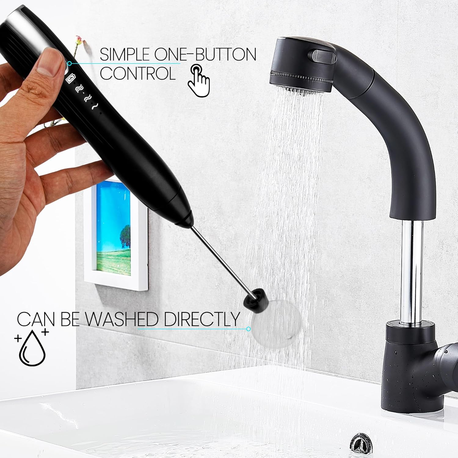 Espumador de leche de mano USB-C recargable mezclador de espuma de bebida eléctrico con 2 cabezales, 1 soporte, 3 velocidades ajustables, mini