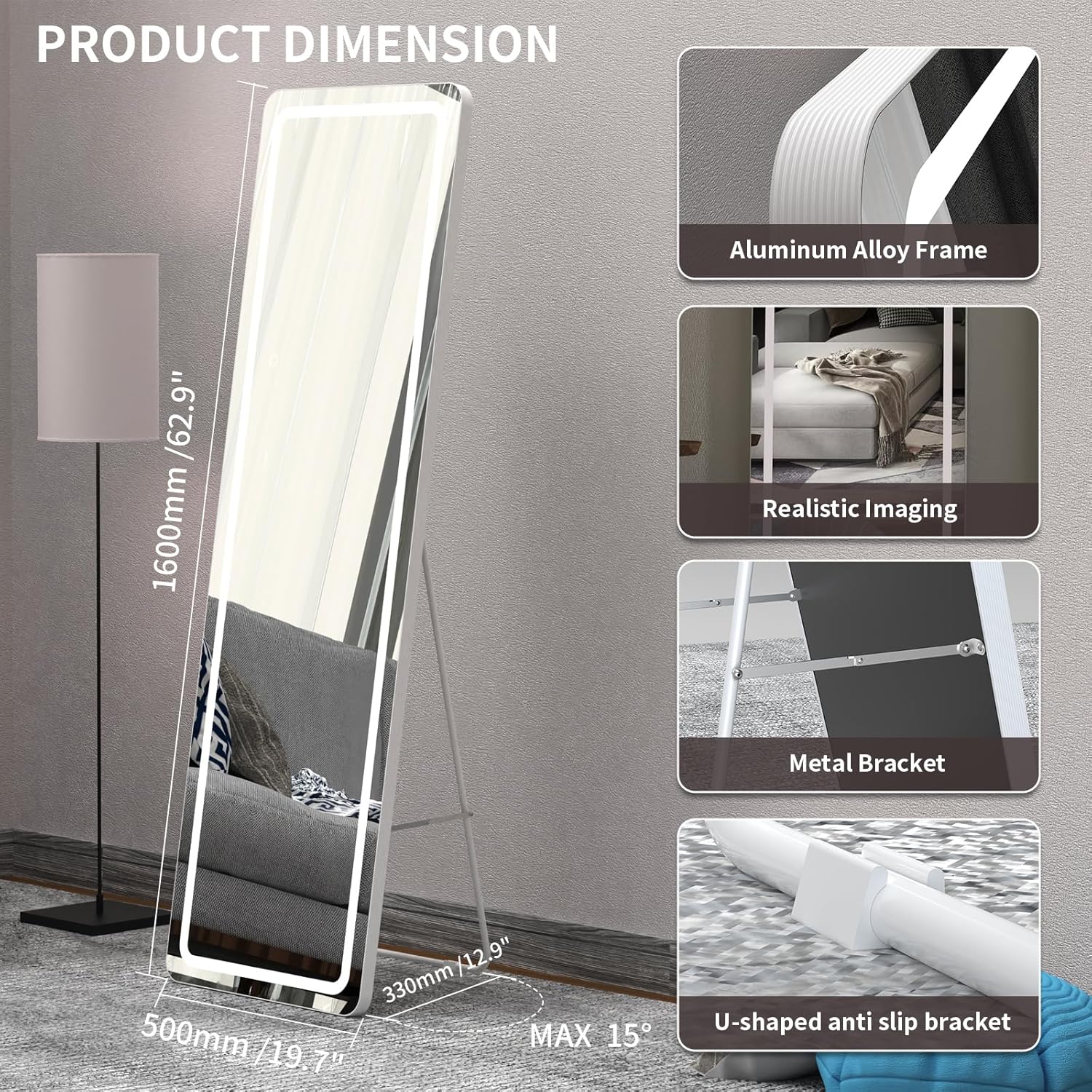 LOWIXI Full Length Mirror Floor Mirror with Standing Holder BedroomLocker Room StandingHanging Mirror Dressing Mirror 63 * 20