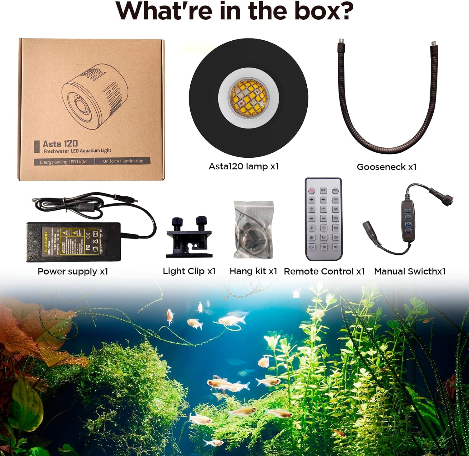 Lominie Luz LED para acuario, regulador de intensidad con control remoto 0-100% de brillo, 80 W, para tanque de peces plantado, lámpara de clip para