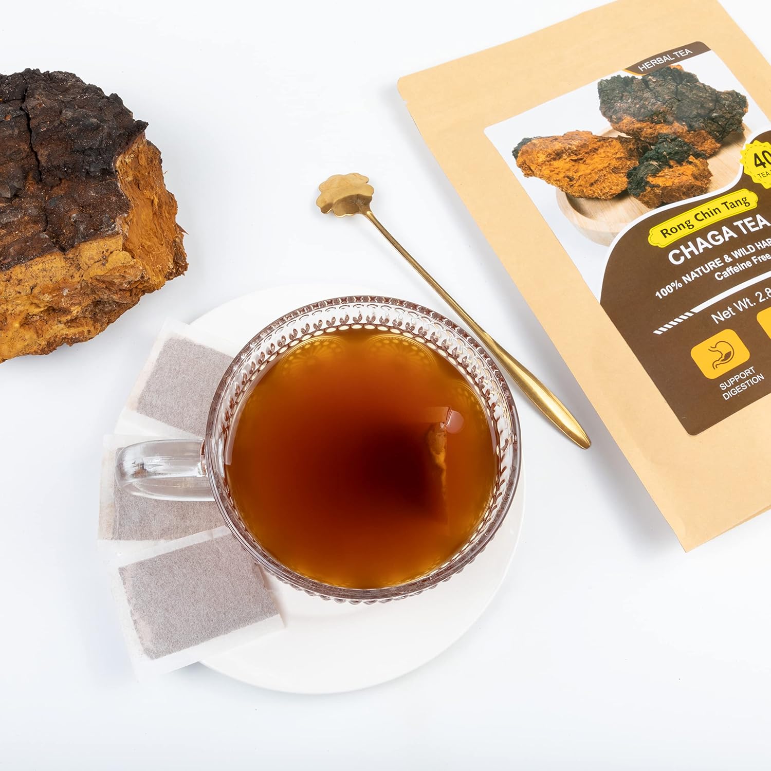 RongChinTang – Té orgánico de hongos Chaga 0.07 oz X 40 bolsitas de té (2.8 oz) Té de hongos Chaga premium – Antioxidante sin cafeína 100% natural