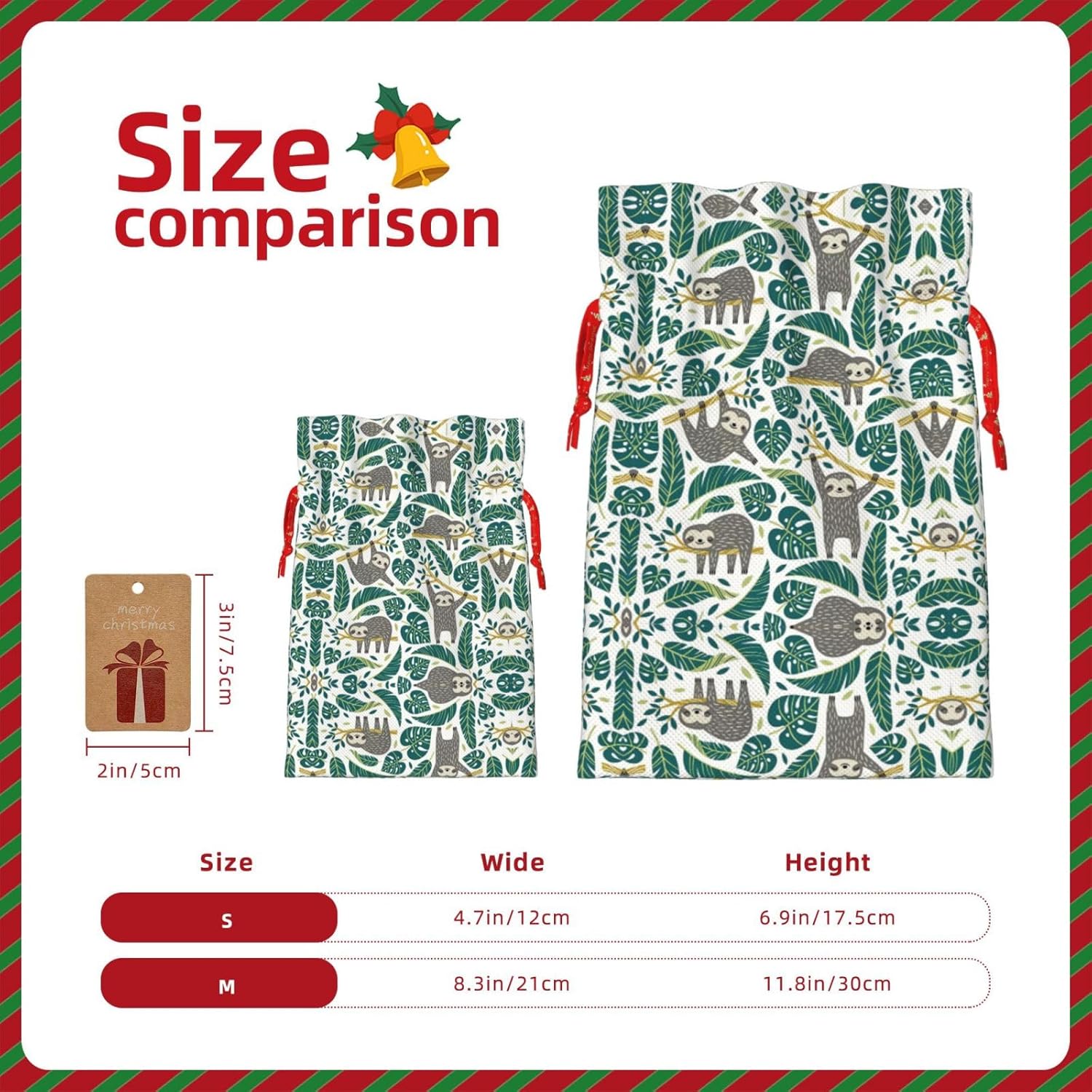 MyPiky Adorables bolsas de regalo de Navidad con estampado de perezosos, bolsas de regalo de 8.3 x 11.8 pulgadas, bolsa de almacenamiento para