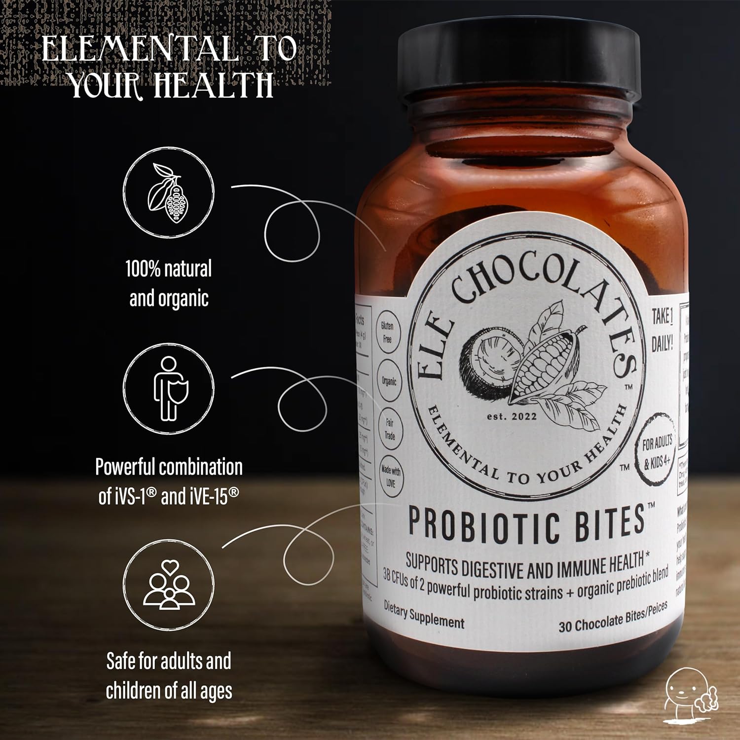 Ele Chocolates Suplemento probiótico diario de chocolate negro muerde 3 mil millones de UFC para la salud intestinal digestiva, apoyo inmunológico