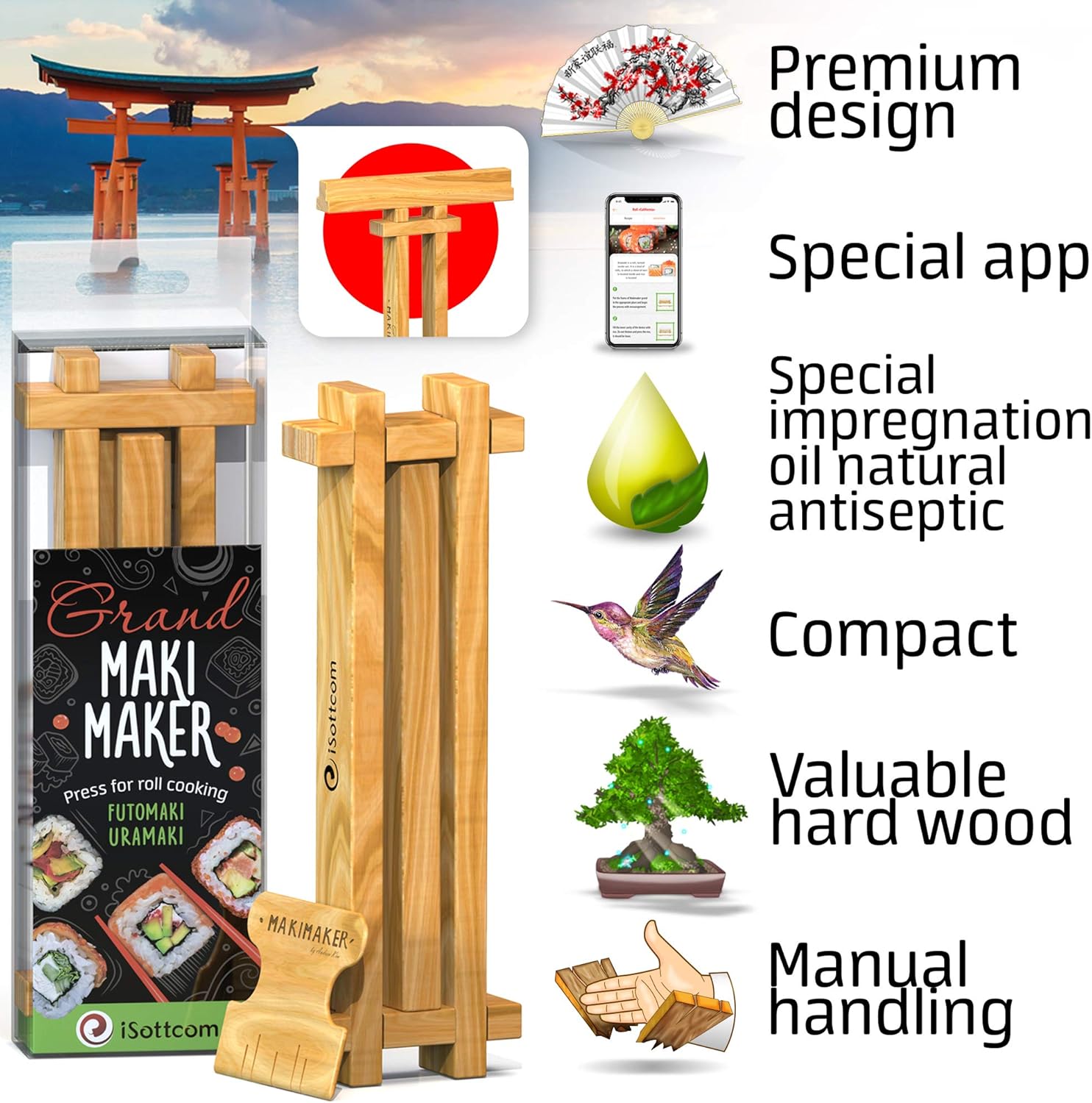 Kit de fabricación de sushi y maki, kit de fabricación de sushi de bricolaje que incluye molde Maki de bambú y esparcidor de arroz, rodillo de sushi