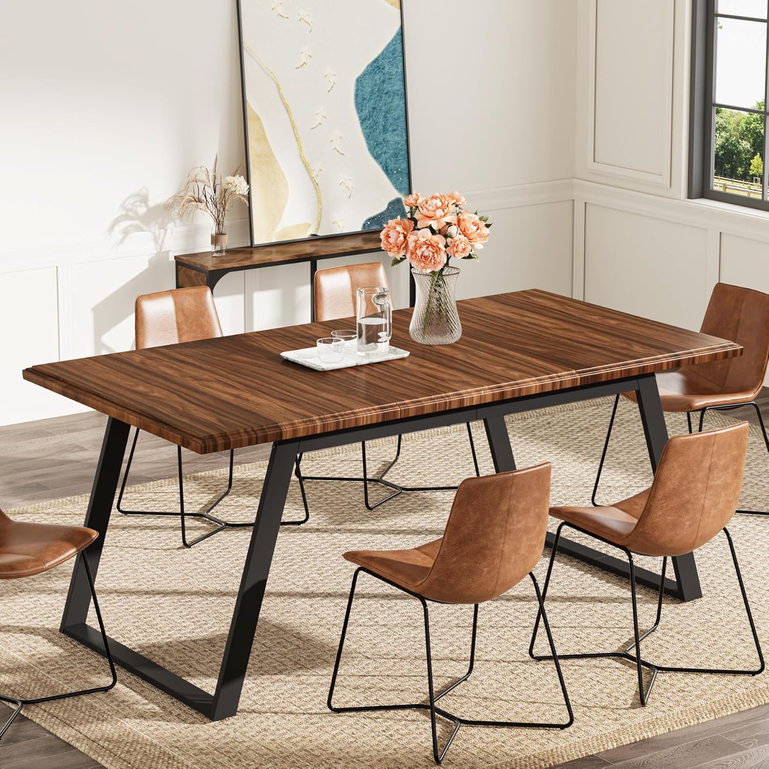 Tribesigns Mesa de comedor para 6 personas, mesa de cocina grande de madera de 63 pulgadas, mesa de comedor rectangular con patas de metal para