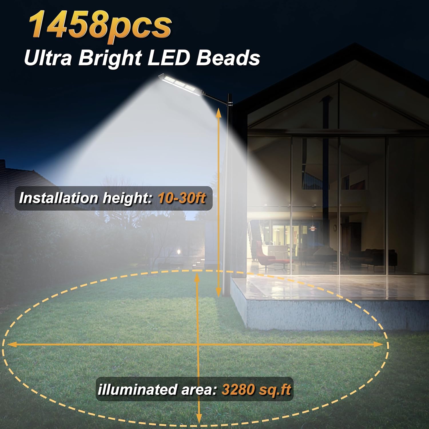 ASCAKE Luces solares de calle, 1458 LED de 3200 W, sensor de movimiento, luces solares para exteriores con control remoto, luces solares de
