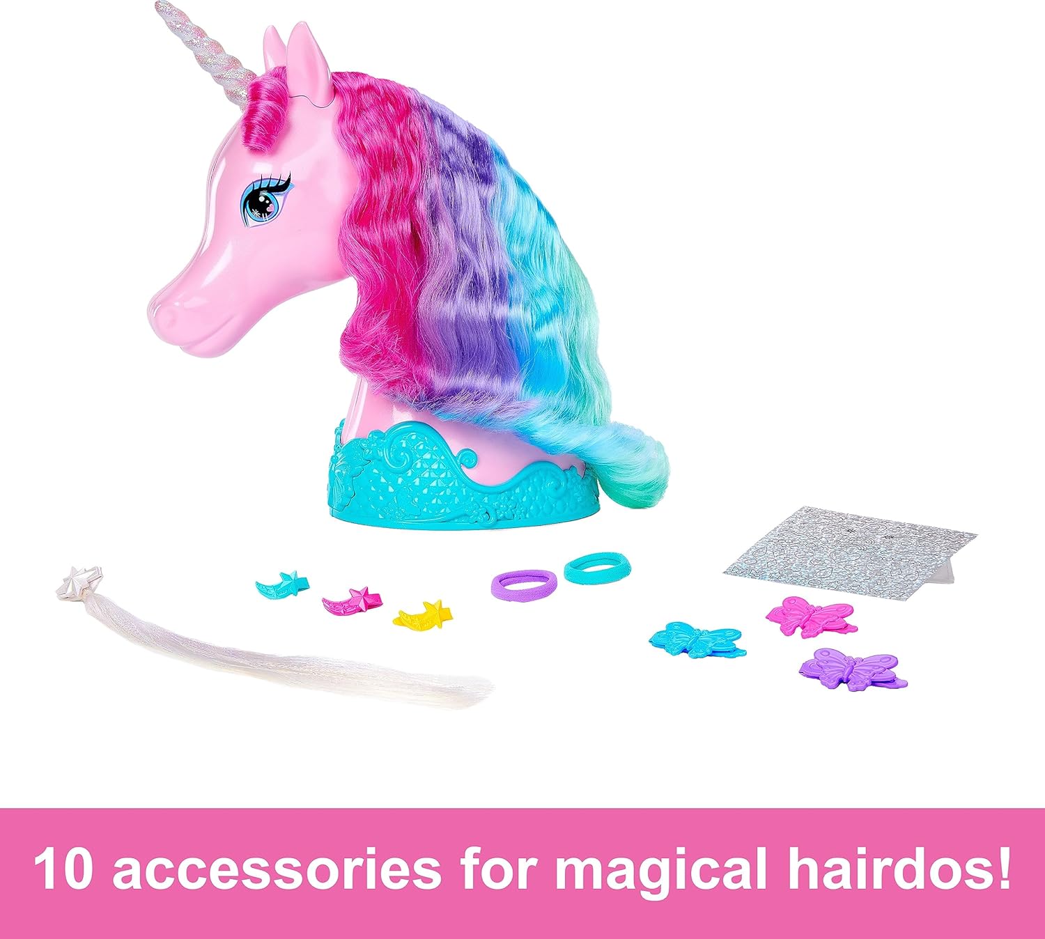 Barbie Juguetes de unicornio, cabeza de peinado con melena colorida de pelo de fantasía, accesorios de peinado y calcomanías brillantes