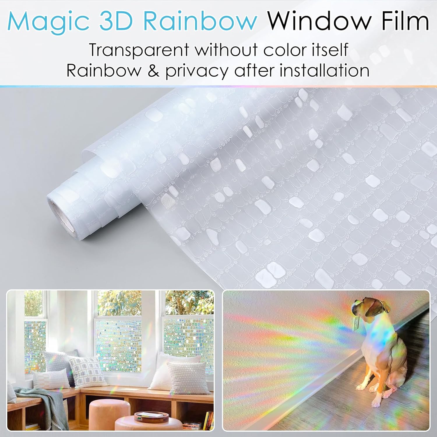 rabbitgoo Película decorativa de privacidad para ventana, diseño de arco iris, adhesivo 3D para ventana, bloqueo solar anti-UV, control de calor,