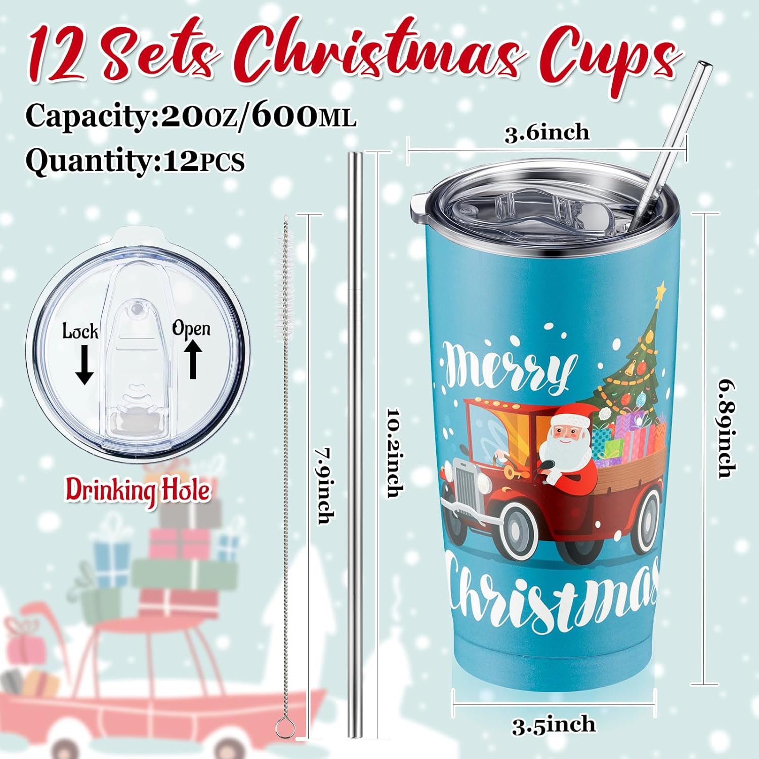 Juego de 12 vasos de Navidad de 20 onzas de acero inoxidable, tazas de viaje divertidas de Navidad con tapa y cepillos para popote para Navidad,
