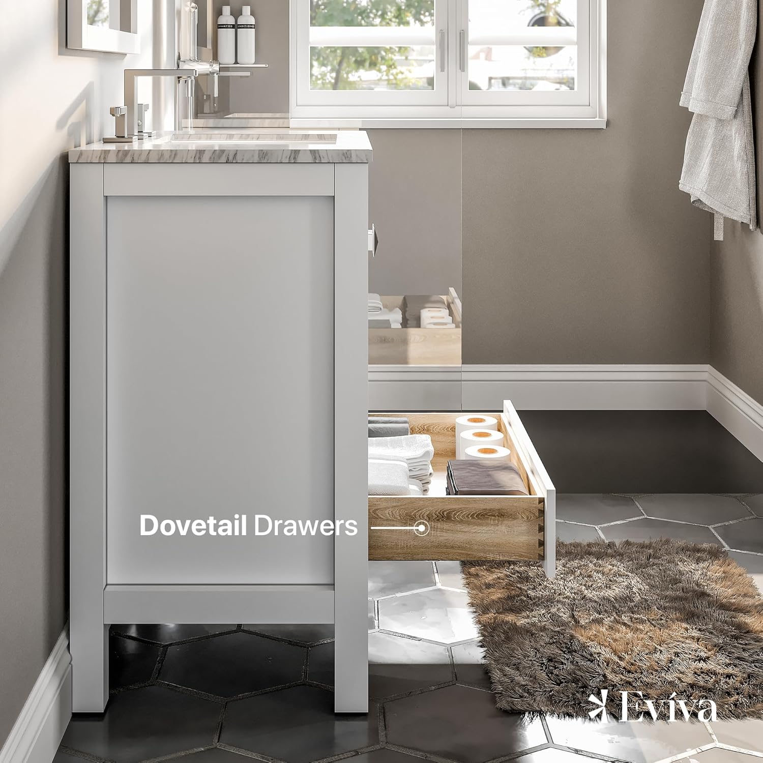 Eviva Aberdeen – Tocador de baño moderno – Tocador de baño pequeño de madera maciza blanca de 30 pulgadas con fregadero, tocador de baño de