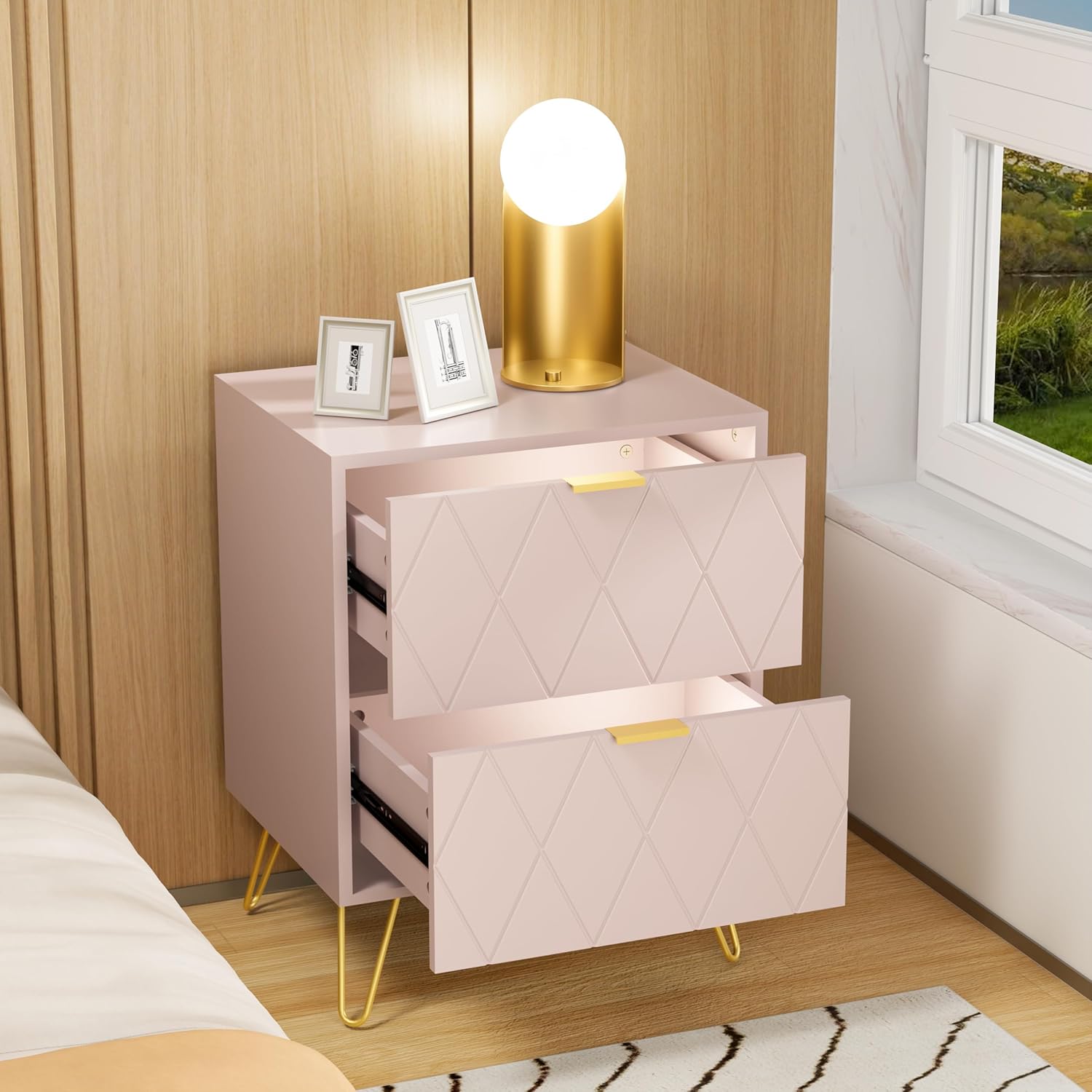 Anbuy – Juego de 2 mesitas de noche grandes, color rosa, mesa auxiliar doble, mesita de noche con 2 cajones, doble mesita de noche con patas doradas