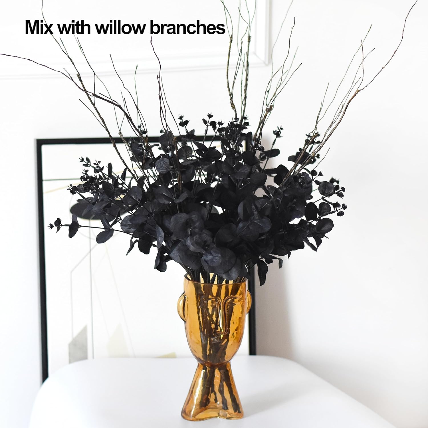 3 paquetes de tallos artificiales de eucalipto negro, 48 ramas de hojas de eucalipto, ramo de ramas para arreglos florales, flores de seda negra