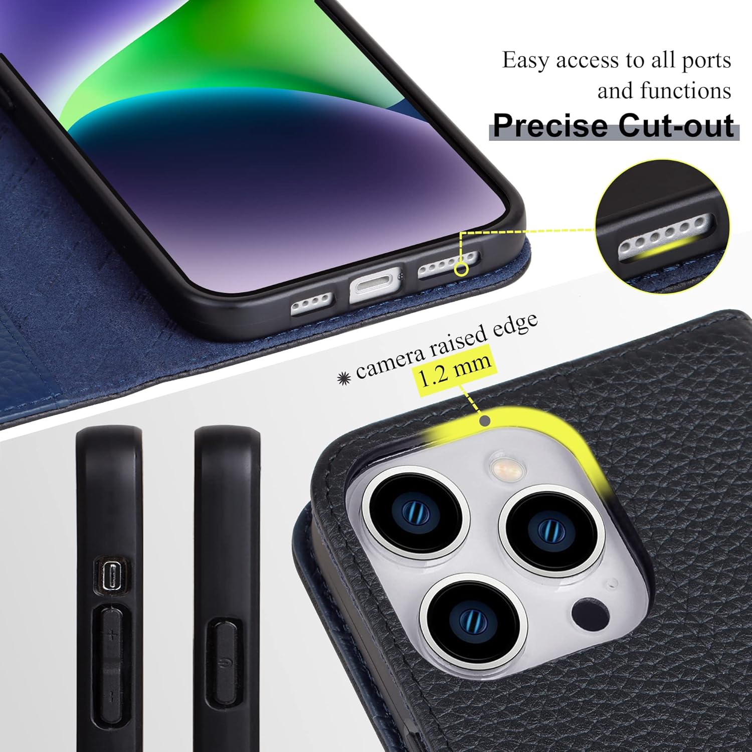 VISOUL Pebbled – Funda de piel auténtica para iPhone 15 Pro Max, funda tipo cartera con MagSafe y soporte para tarjetas, funda magnética con función