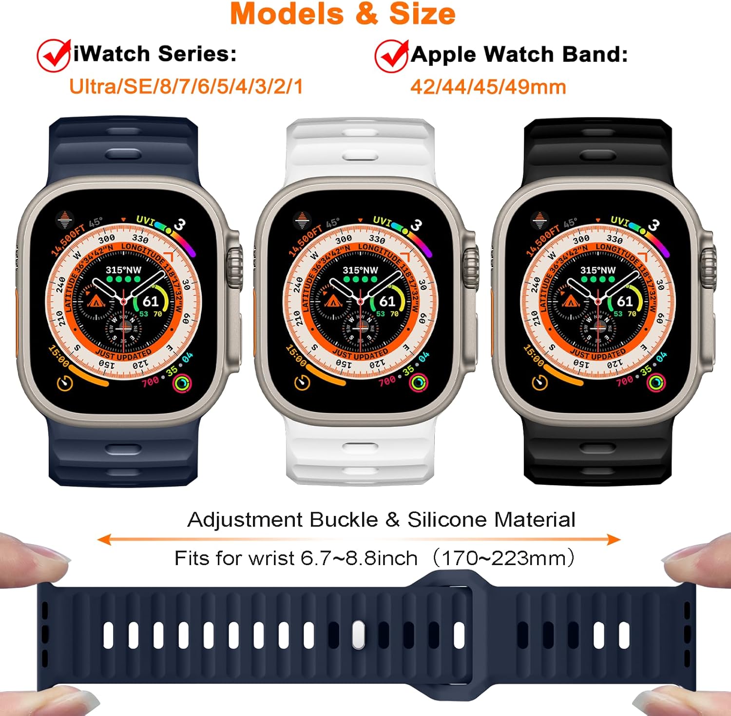 Paquete de 3 correas deportivas compatibles con Apple Watch Ultra Band de 1.929 in para hombres y mujeres, correa ajustable de silicona impermeable