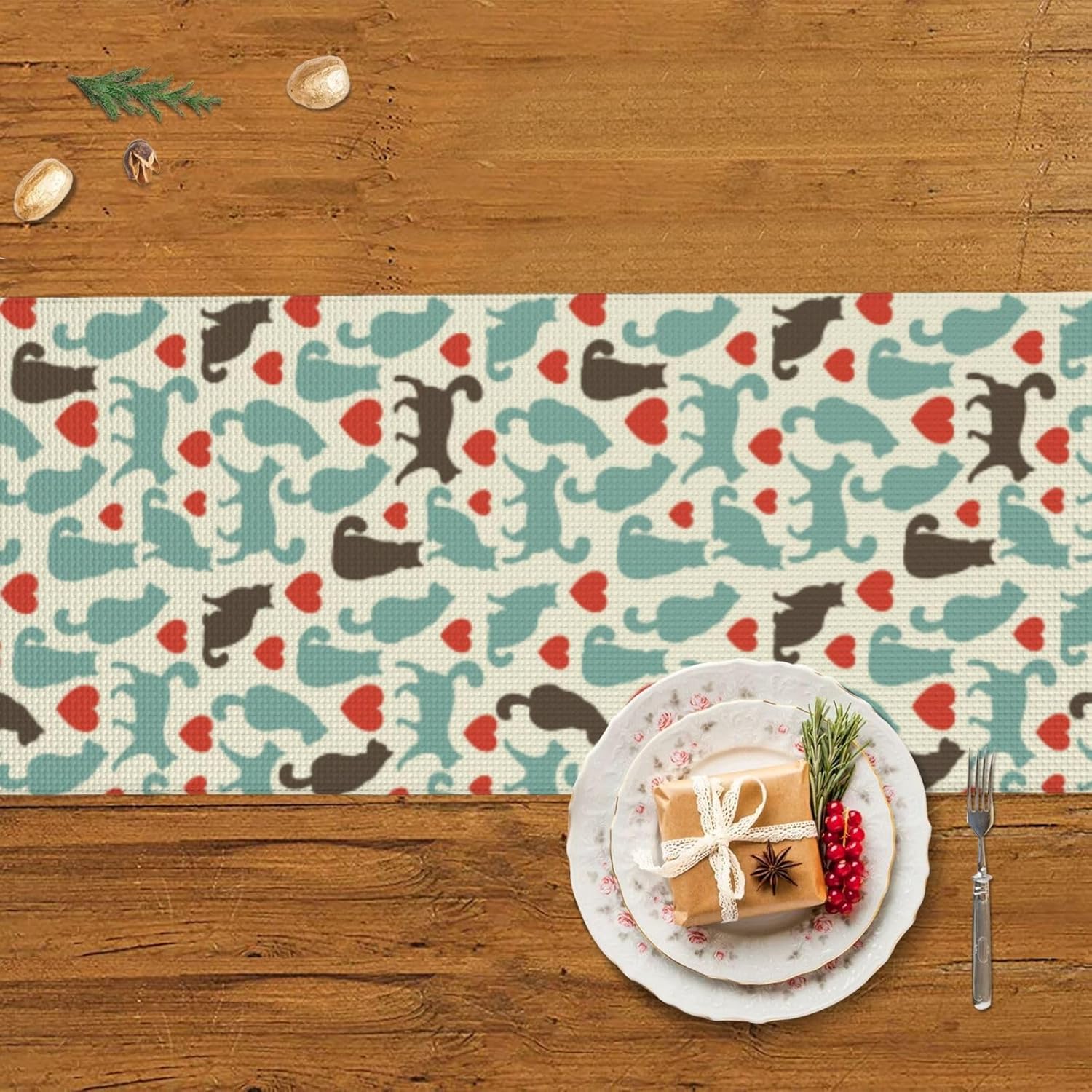 Camino de mesa de Navidad de gatitos marrones, verdes y corazón rojo, decoración de mesa de comedor, decoración de Navidad, decoración de interiores
