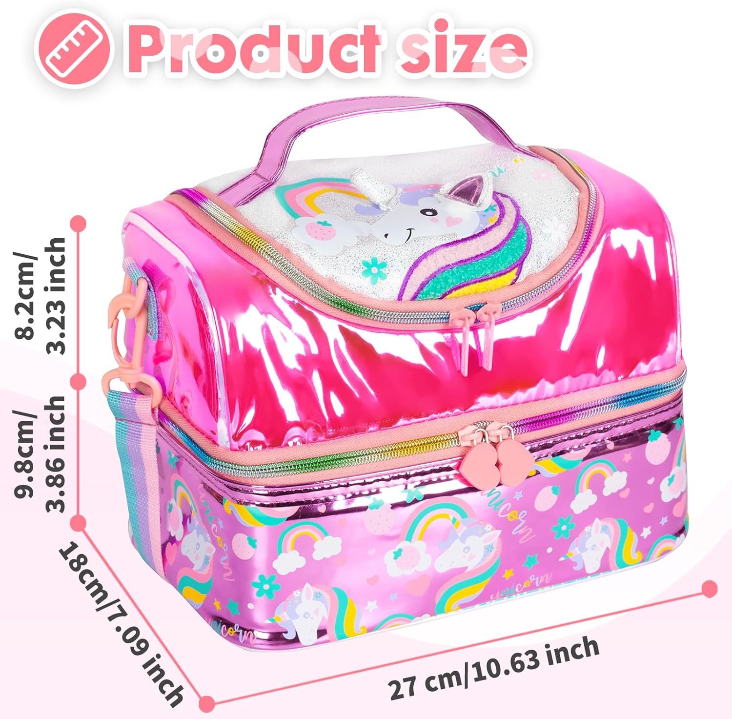 YOYTOO Bolsa de almuerzo aislada de dos pisos para niños, niñas, hombres, mujeres, con correa ajustable, unicornio