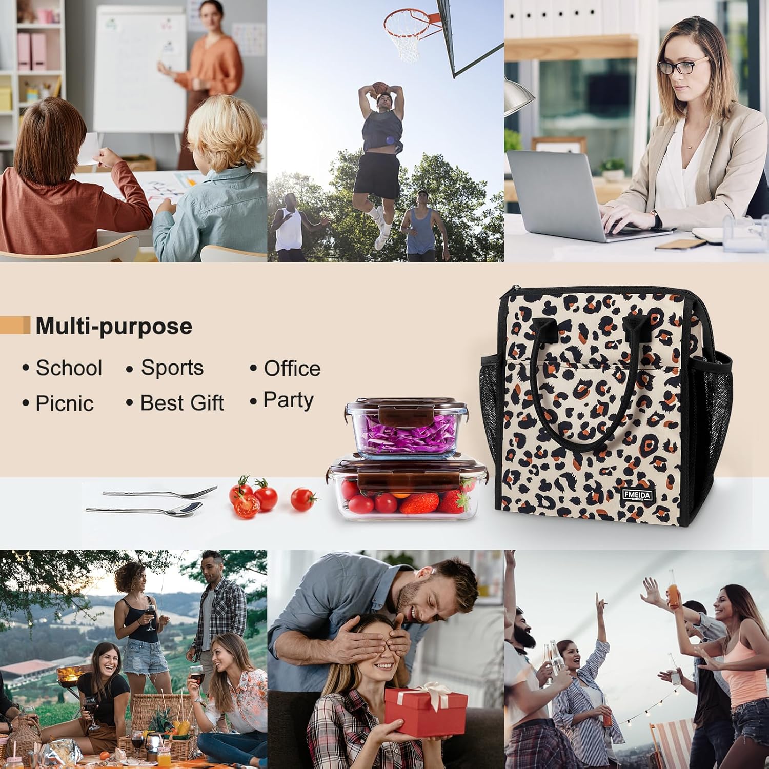 Fmeida Bolsa de almuerzo, bolsa de almuerzo aislada para mujeres adultas, contenedor grande para lonchera, reutilizable, a prueba de fugas, bolsa de