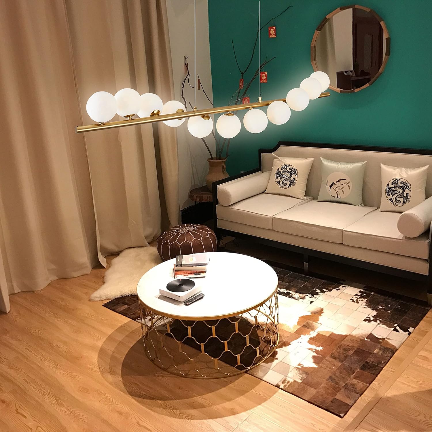 Lámpara de araña moderna de mediados de siglo para comedor, de color dorado, lámpara de burbujas sobre mesa, 11 luces, lámpara colgante lineal para