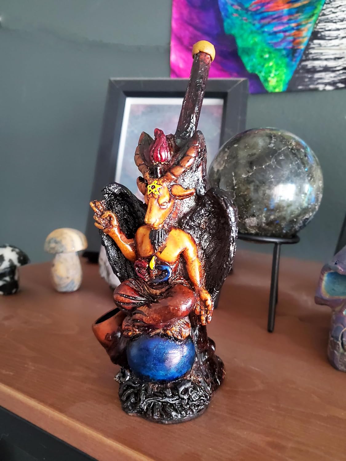 Baphomet – Figura de cabra sabática hecha a mano, arte satánico, cuenco de coco natural, regalos ocultos espirituales para fumadores