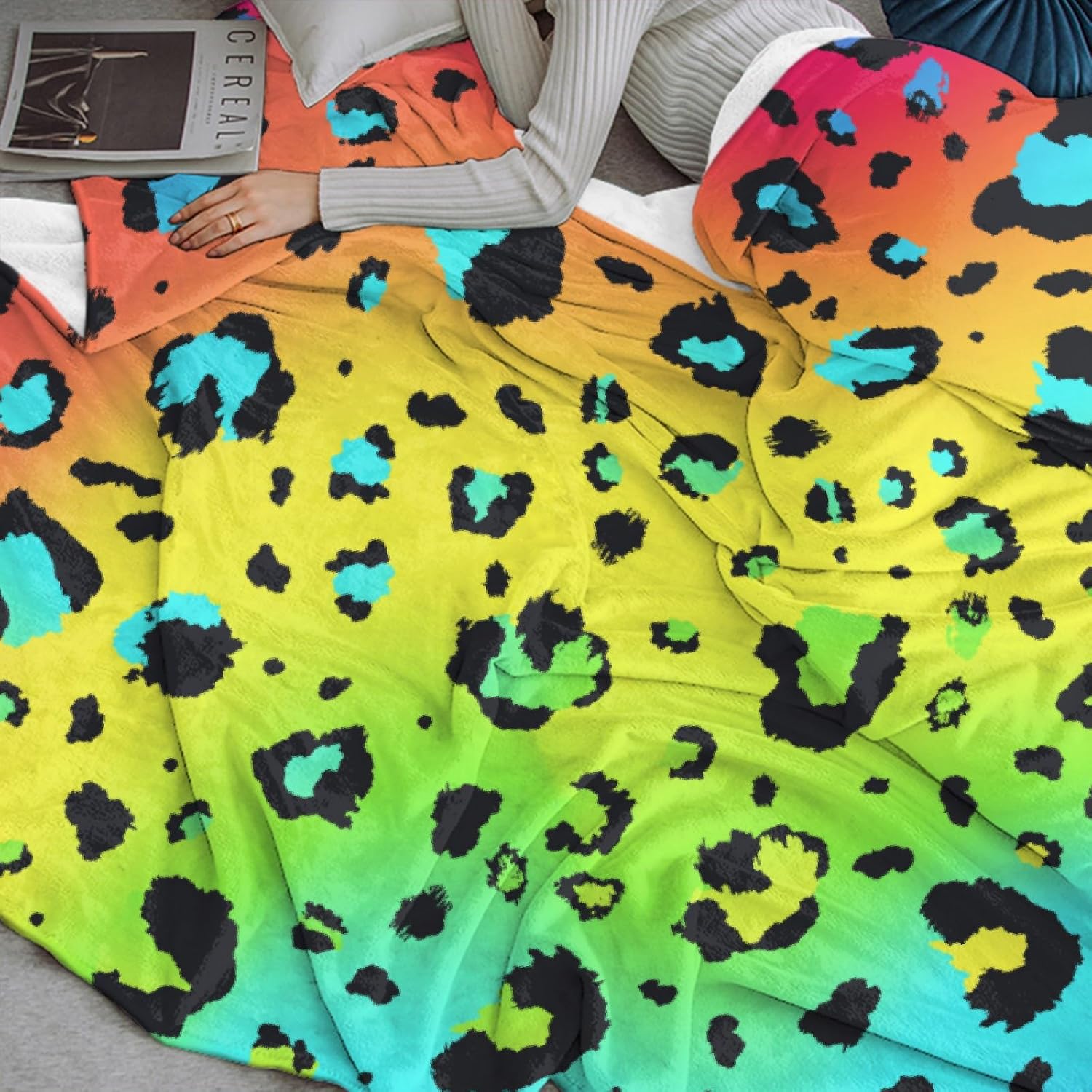 Manta de franela ultrasuave de forro polar neón arcoíris y leopardo para todas las estaciones, manta cálida y acogedora para cama, sofá o sillón, de