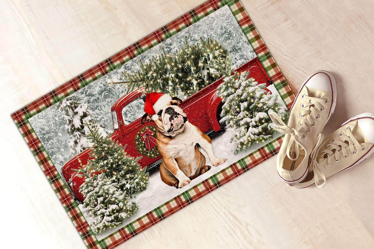 Felpudo de Navidad de bulldog inglés, regalos divertidos para amantes de perros, dueños de perros, camión rojo, árbol de Navidad, alfombra de
