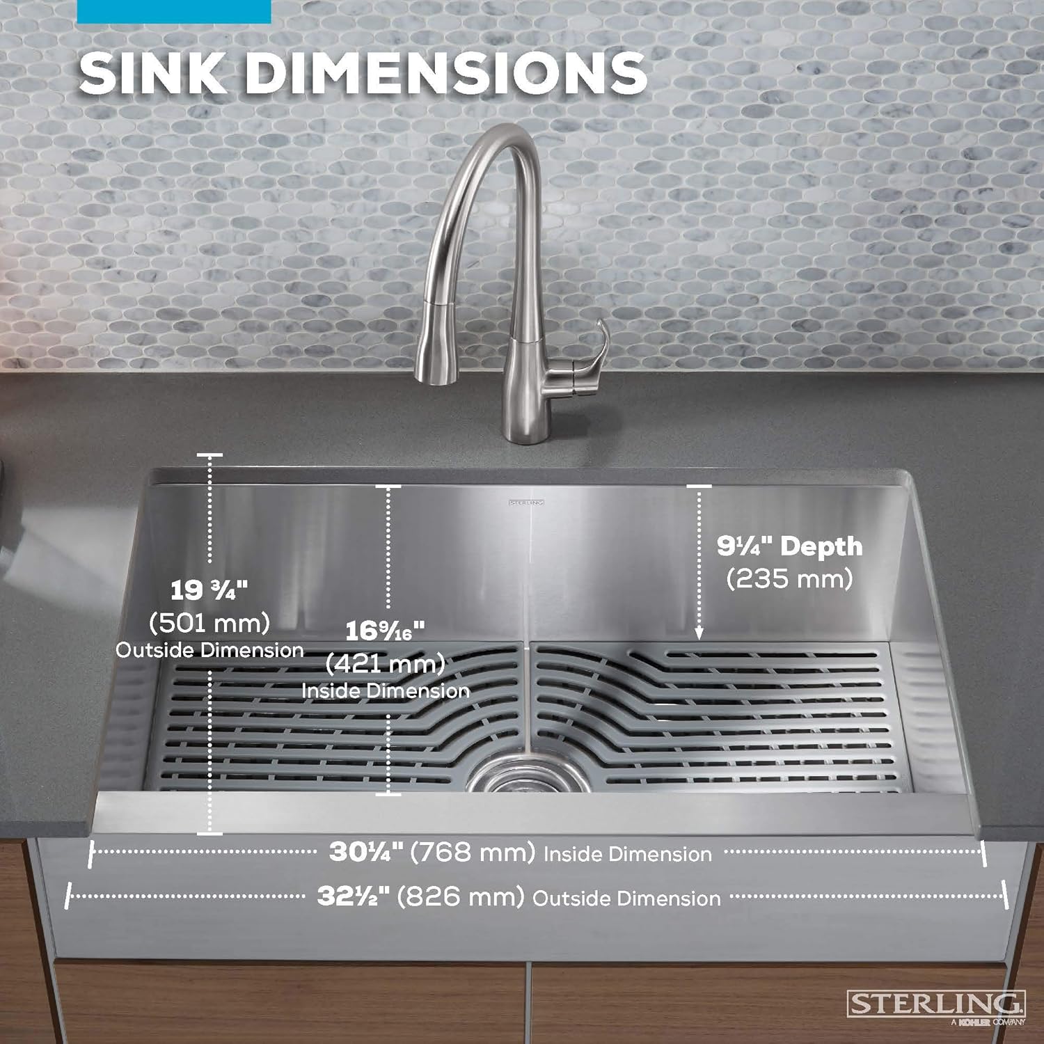 Kohler K-20243-PC-NA Sterling Ludington – Fregadero de cocina de 34 pulgadas con montaje inferior con accesorios, lavabo frontal de delantal, acero