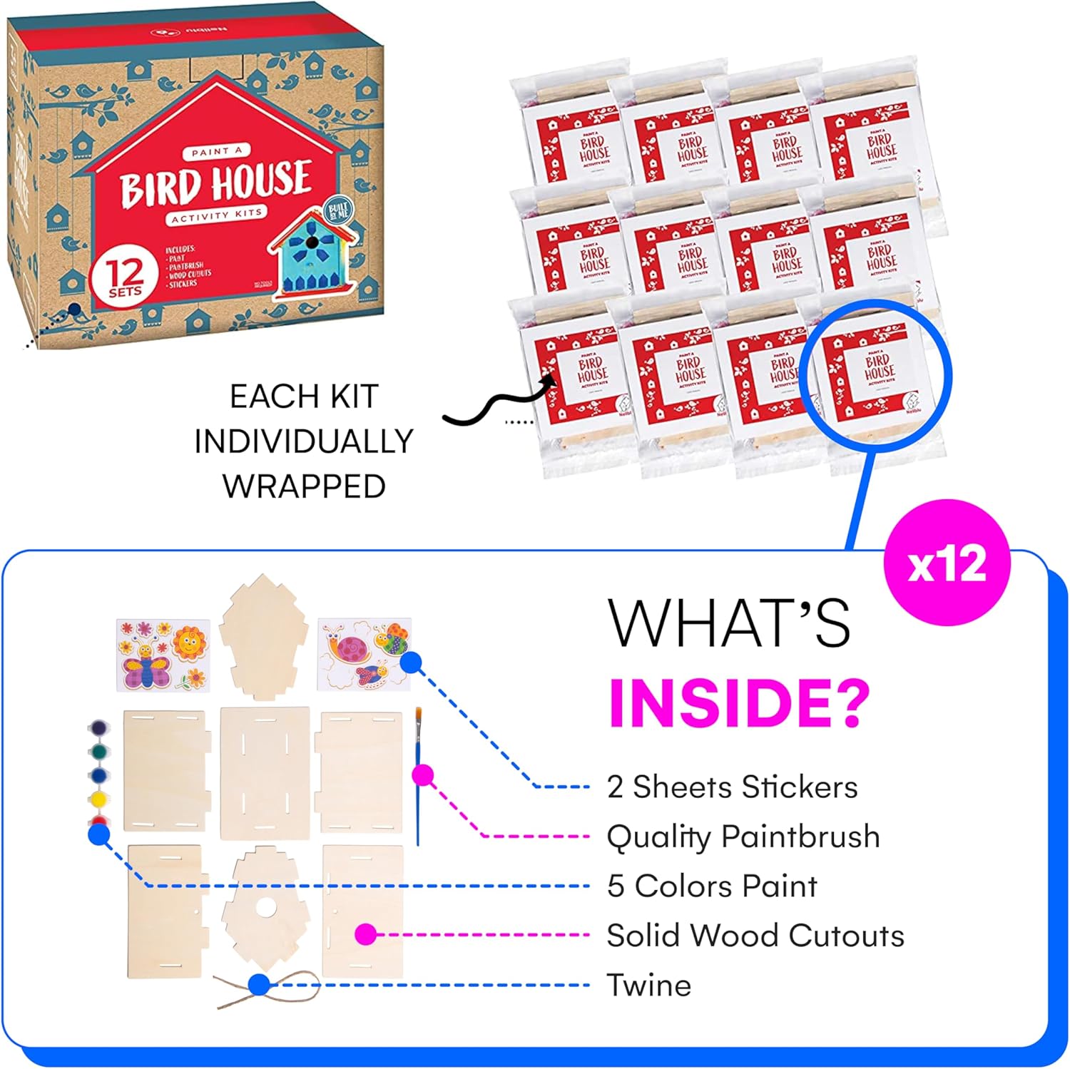 Neliblu 6 casas de pájaros de madera para manualidades, para niños, manualidades para adultos, con kits de casa de pájaros de madera sin terminar,