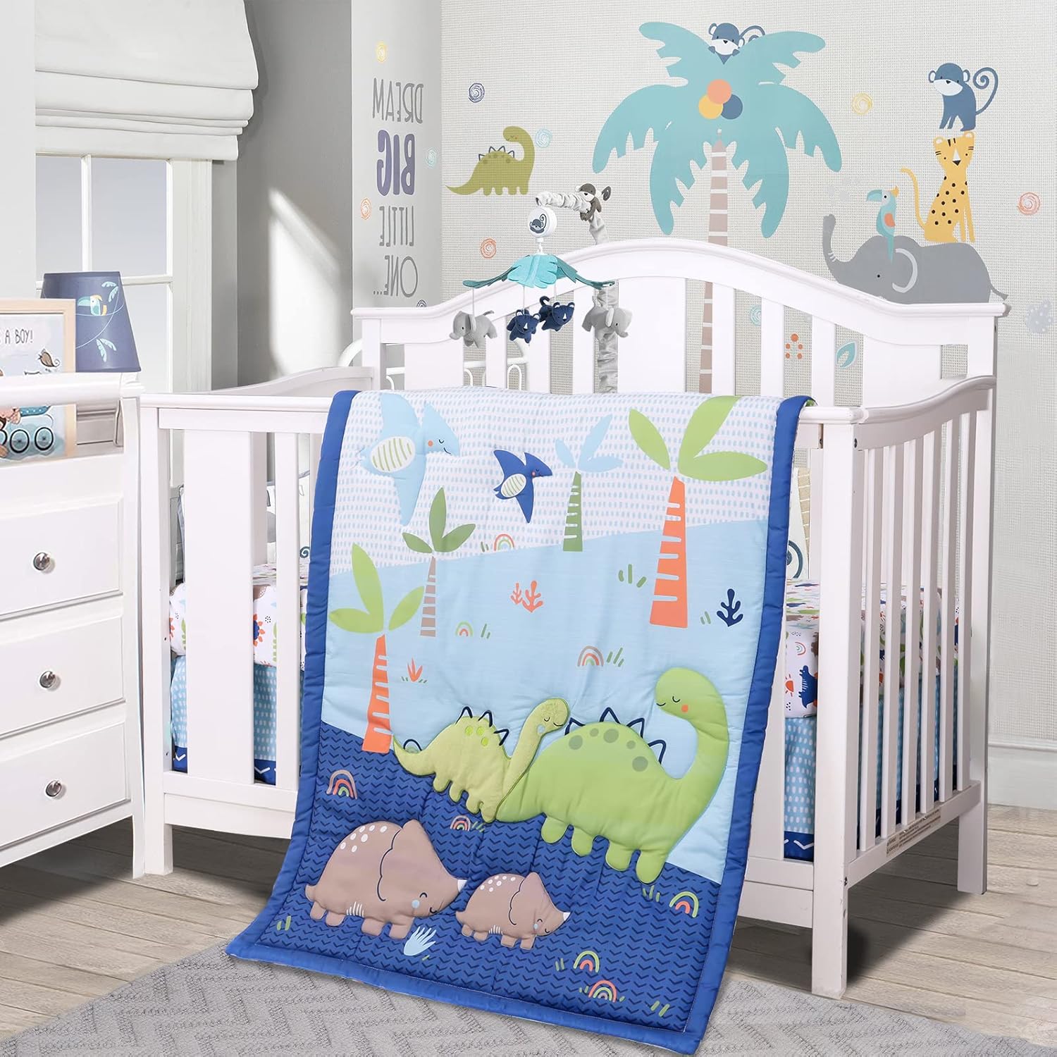 Juego de ropa de cama para cuna para niños, juego de cama de 3 piezas de dinosaurio de tamaño estándar, incluye edredón de cama de bebé, sábana