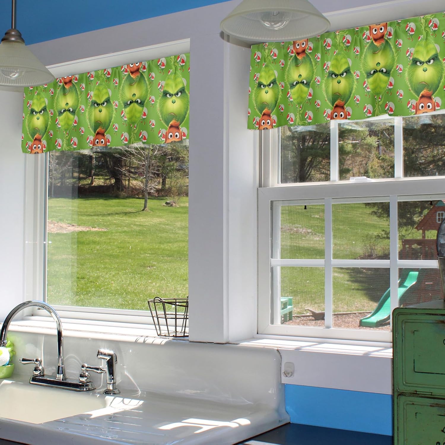 Cenefa de ventana de Navidad de monstruo verde para cocina, sala de estar, cortina de ventana de Feliz Grinchmas para dormitorio, cenefa de ventana