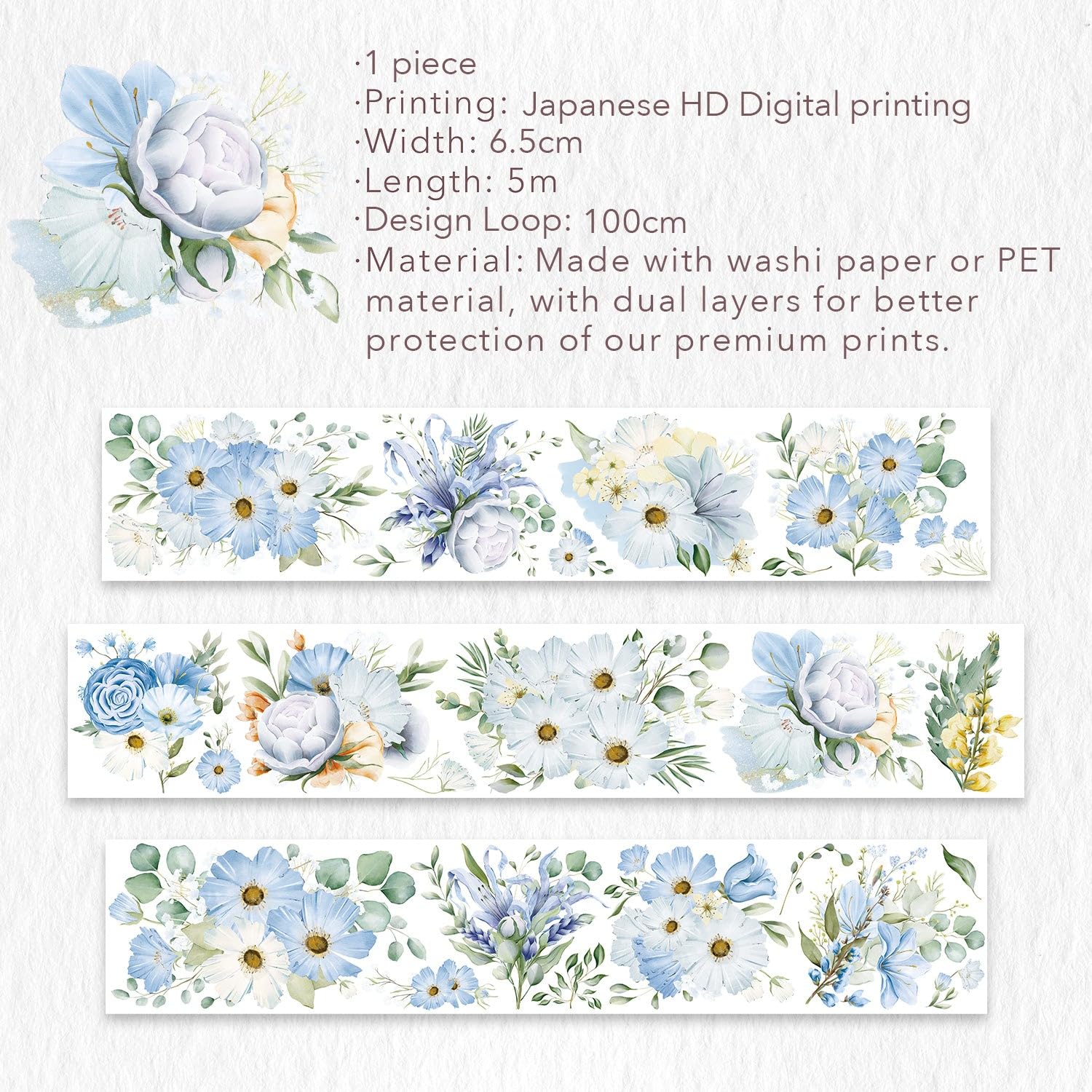 WT Serene Wide Washi Tape, rollo individual, diseños originales, cinta decorativa de flores azules, cuaderno de recortes de diario, suministros de