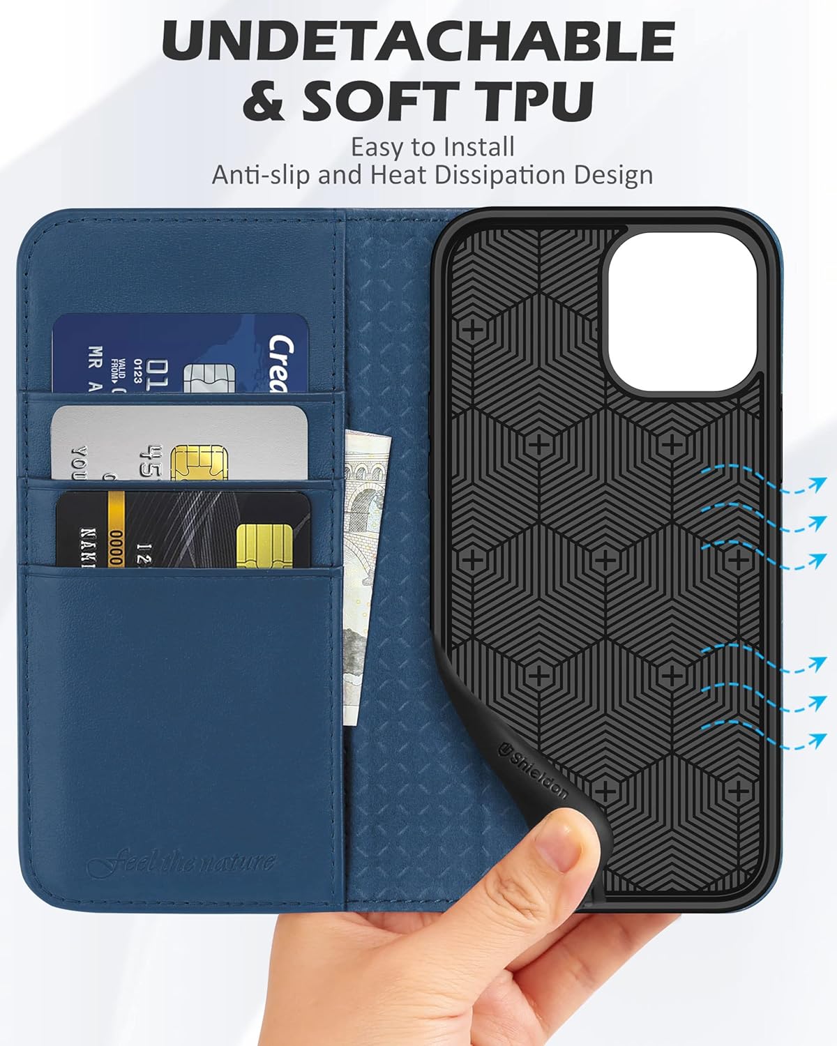 SHIELDON – Funda para iPhone 1212 Pro, cuero genuino, cubierta magnética, tarjetero con bloqueo RFID, kickstand, funda protectora a prueba de
