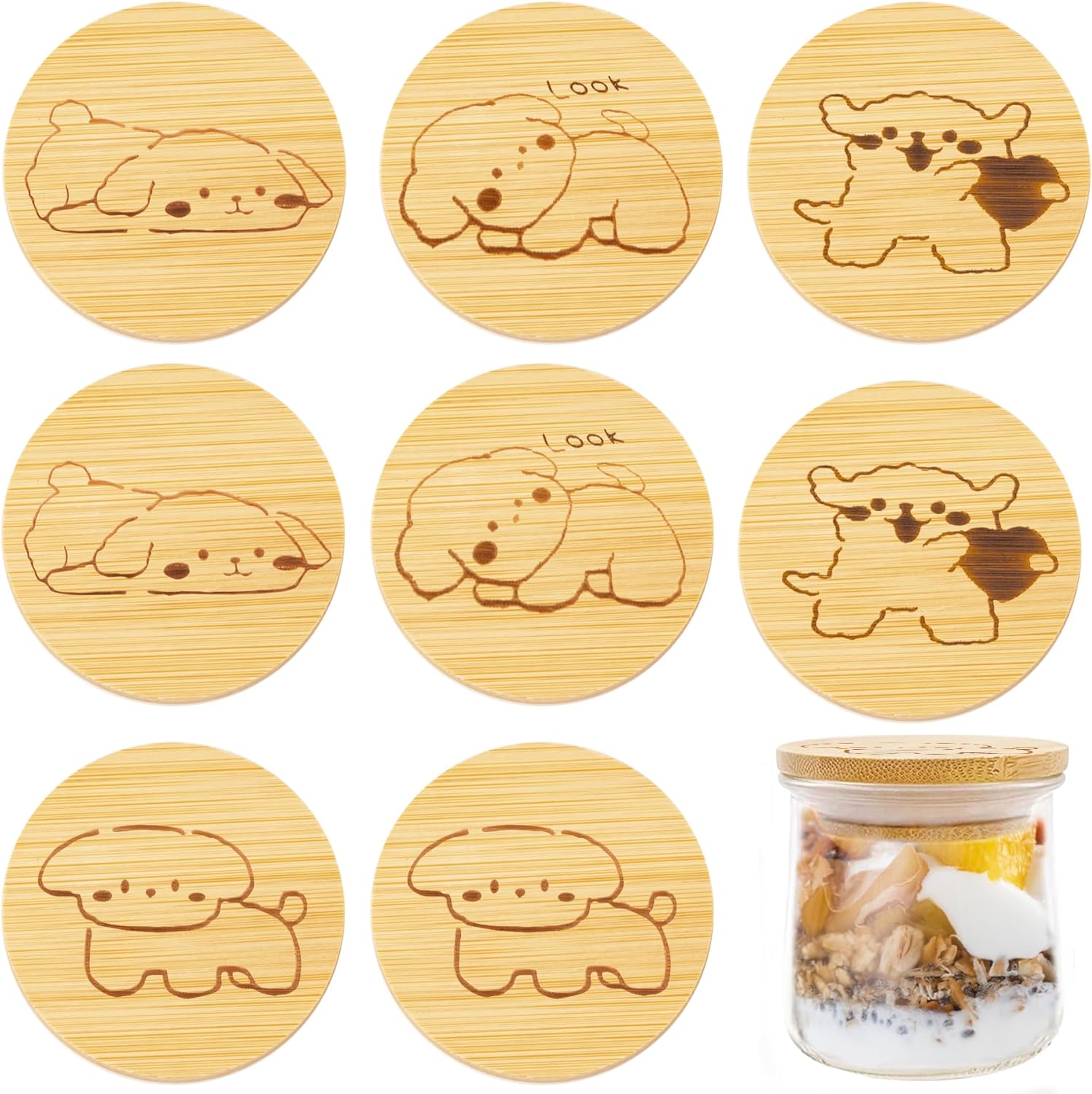 TBWIND Oui – Paquete de 8 tapas reutilizables para tarros de yogur con diseño de cachorro, con anillos de sellado de silicona y etiqueta de botella