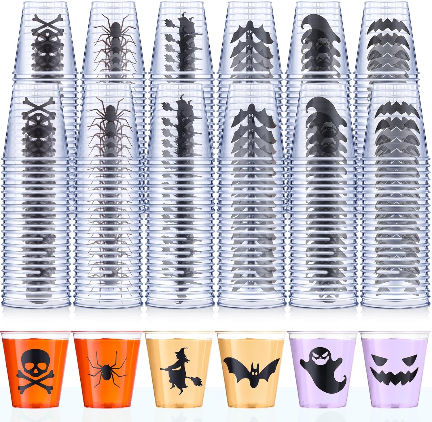 Mumufy 120 vasos de chupito de plástico de Halloween de 1.69 onzas desechables para fiestas, vasos de calabaza y fantasmas, muestra clara, tazas