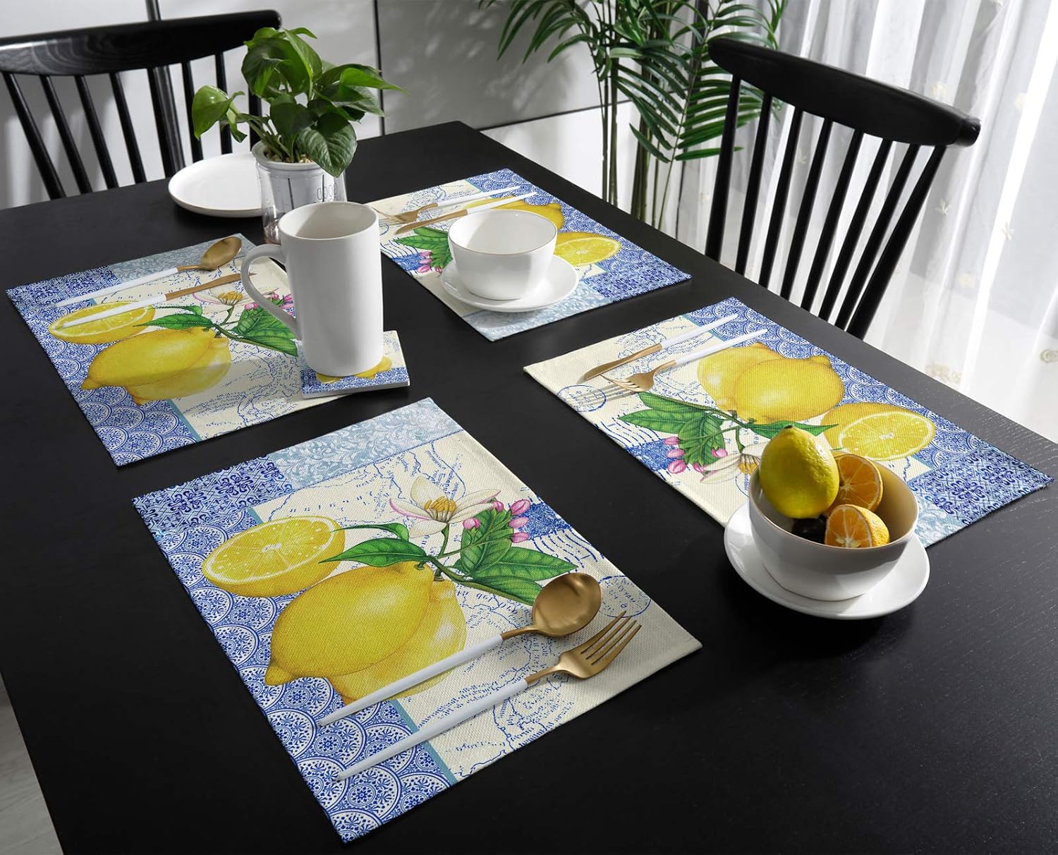 Manteles individuales de mesa, Summer Farm Limón, vintage, azul y blanco, porcelana, algodón, lino, reutilizables, antideslizantes, con aislamiento