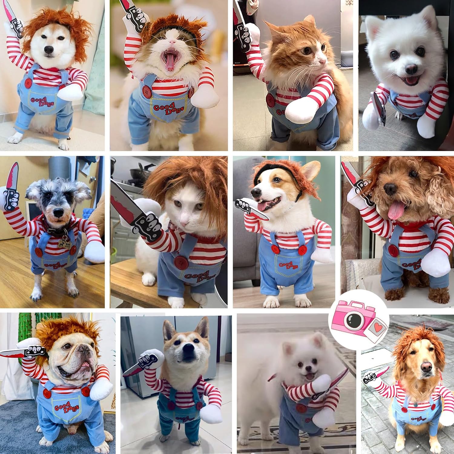 Disfraz de perro de muñeca mortal para mascotas, divertidos disfraces de Halloween de Chucky, ropa de perro linda, disfraz de fiesta de cosplay para