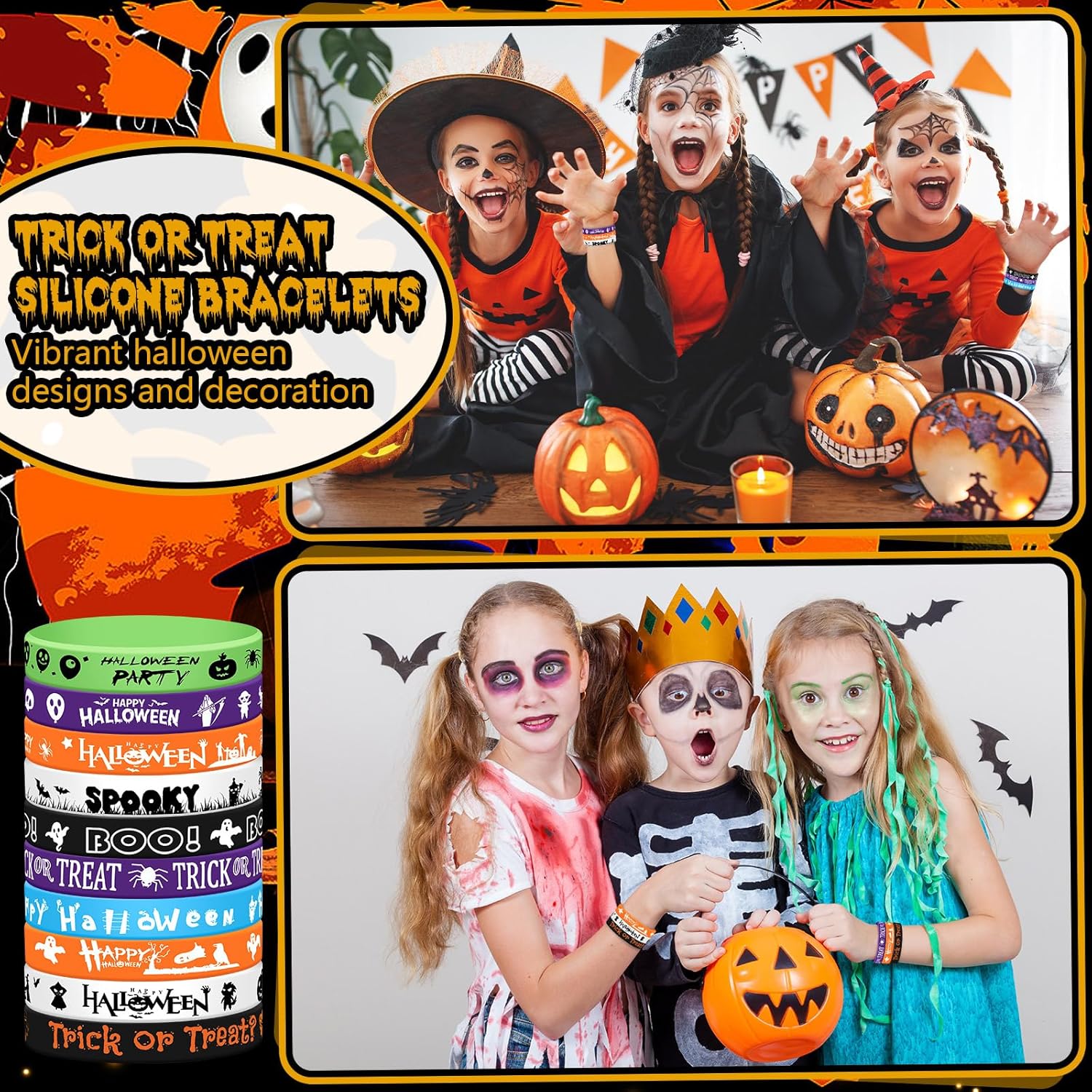 Halloween Rubber Wristbands Halloween Silicone Bracelets Trick or Treat for Kids Halloween Party Favors for Kids