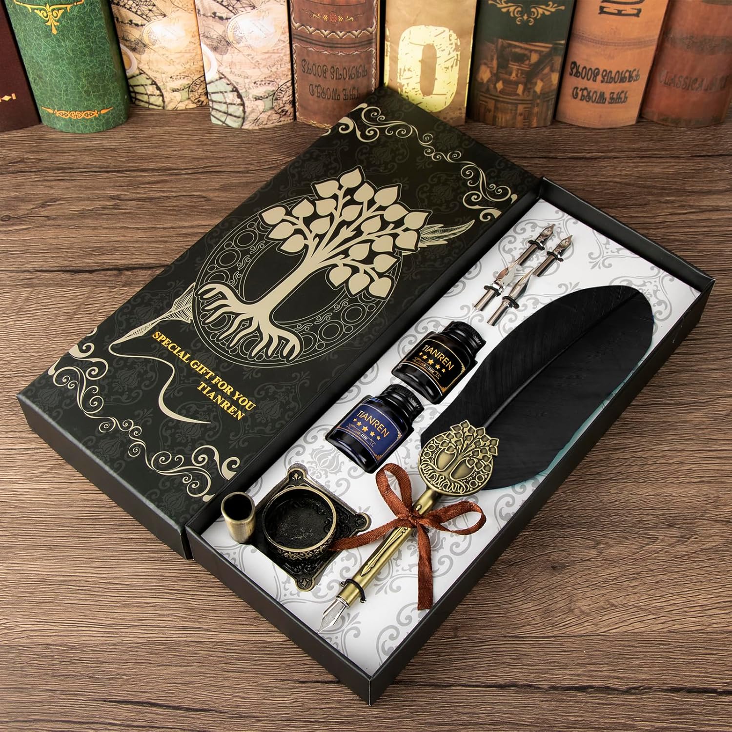 Juego de tinta de pluma, bolígrafo de plumas y tinta, bolígrafo de caligrafía antiguo con 4 puntas reemplazables, 2 botellas de tinta, soporte para