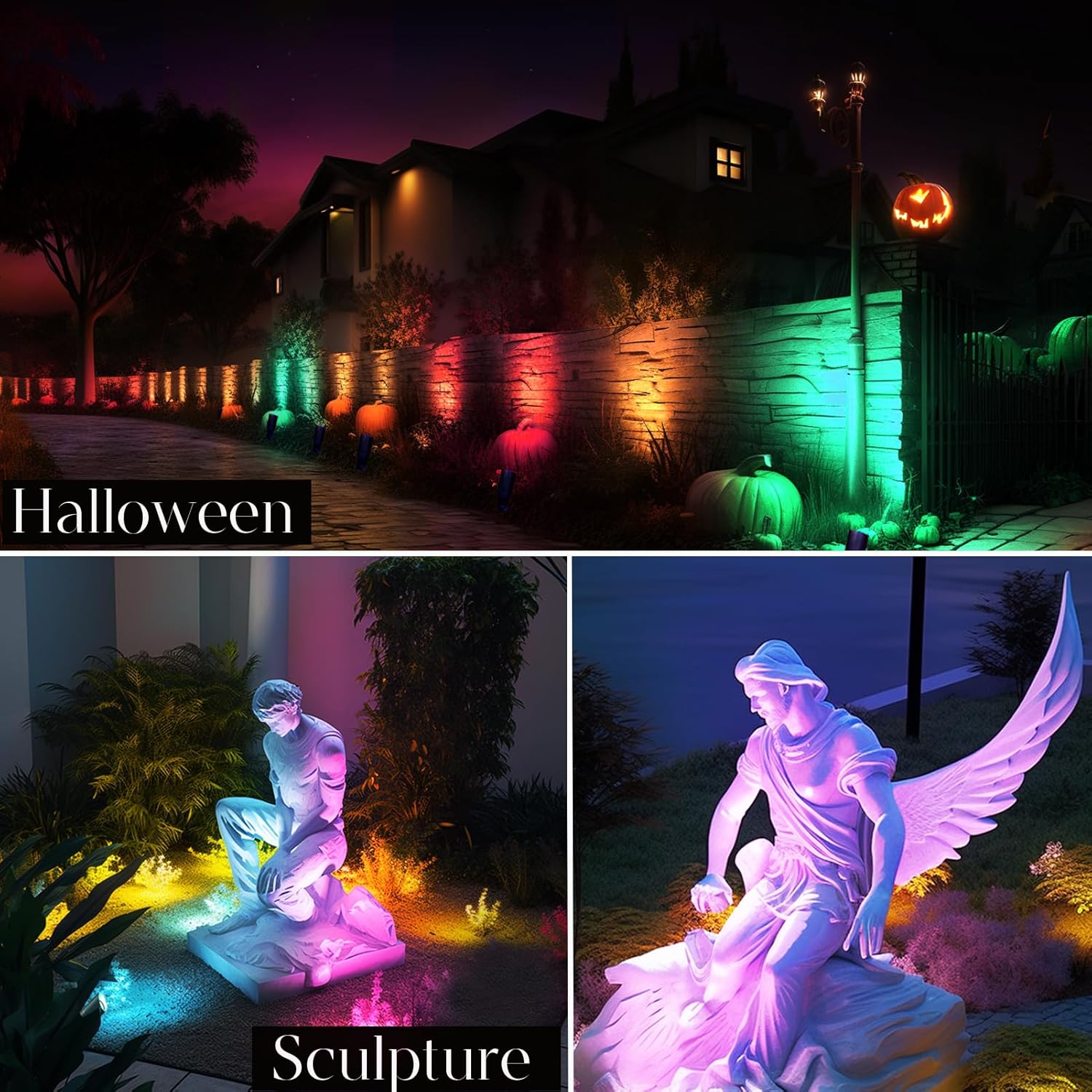 iYogaled Iluminación de paisaje RGB de bajo voltaje, luces de paisaje de latón que cambian de color con 4 bombillas MR16, luces de 12 V al aire