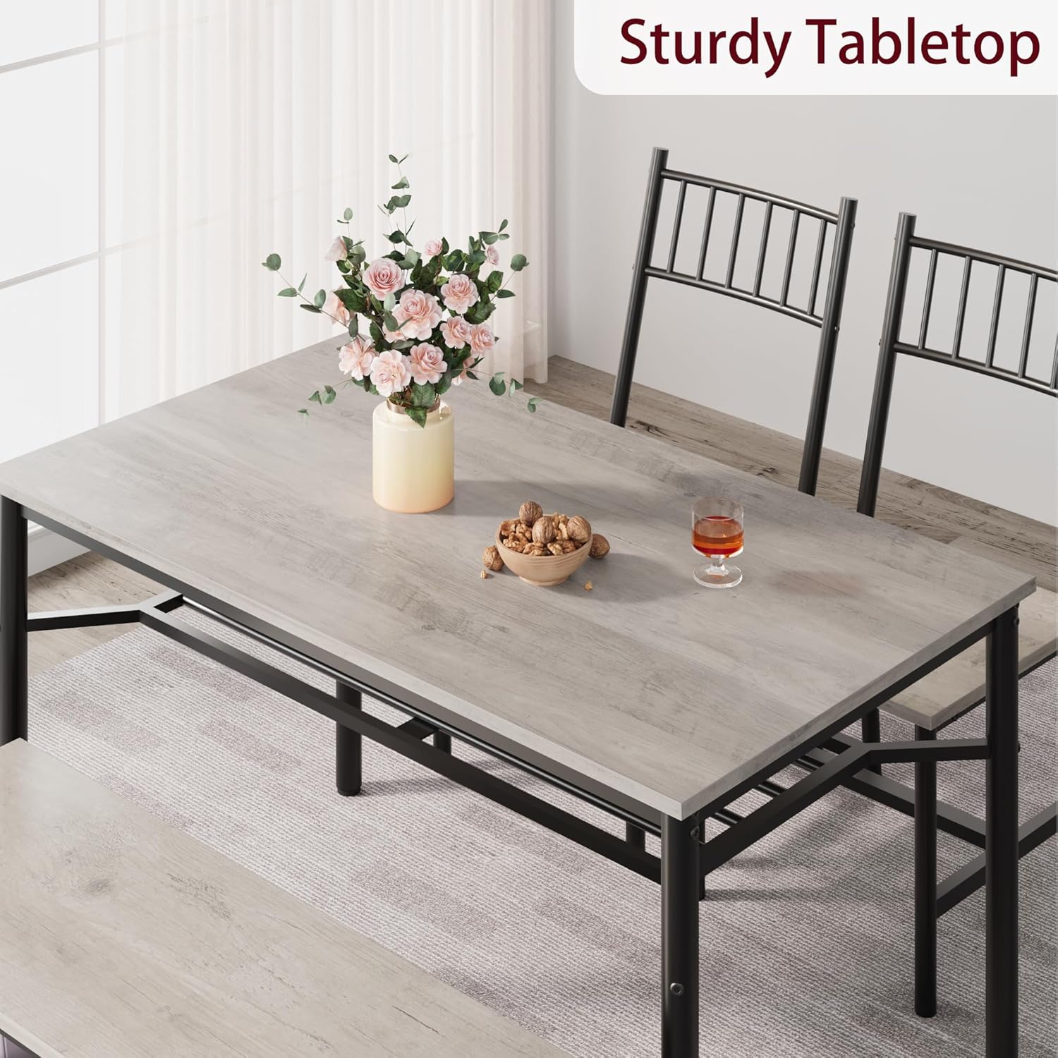 IDEALHOUSE Juego de mesa de comedor para 4, mesa de cocina y 2 sillas con banco de almacenamiento, juego de mesa de cocina rectangular de 47.2