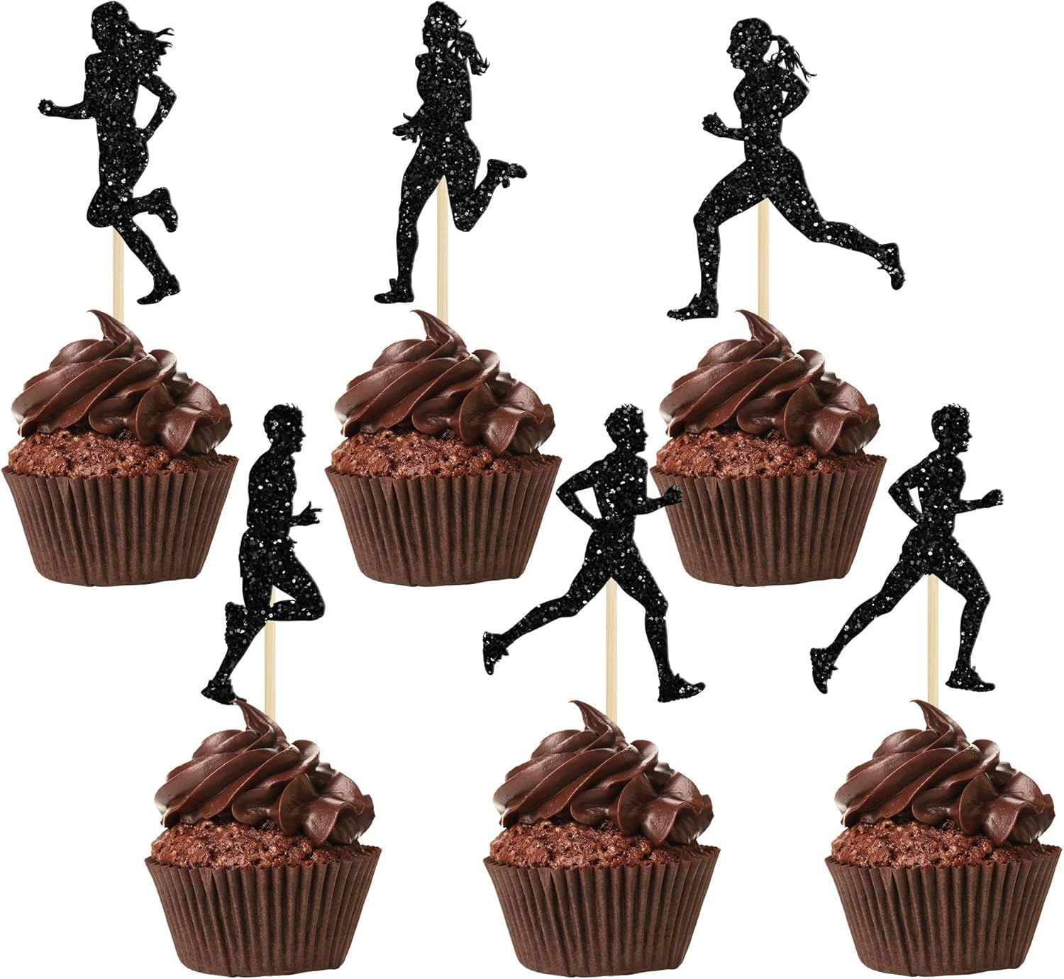 24 piezas de adornos para cupcakes para correr, con purpurina negra, para deportes, fitness, para correr, para niños y niñas, fiesta de cumpleaños,