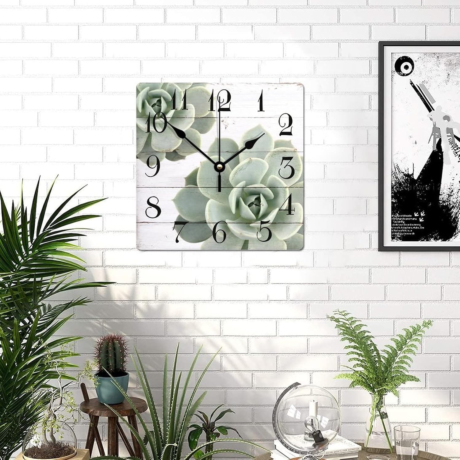 Reloj de pared cuadrado de madera con plantas suculentas, duradero, funciona con pilas, reloj de pared de madera antigua para dormitorio, cocina,