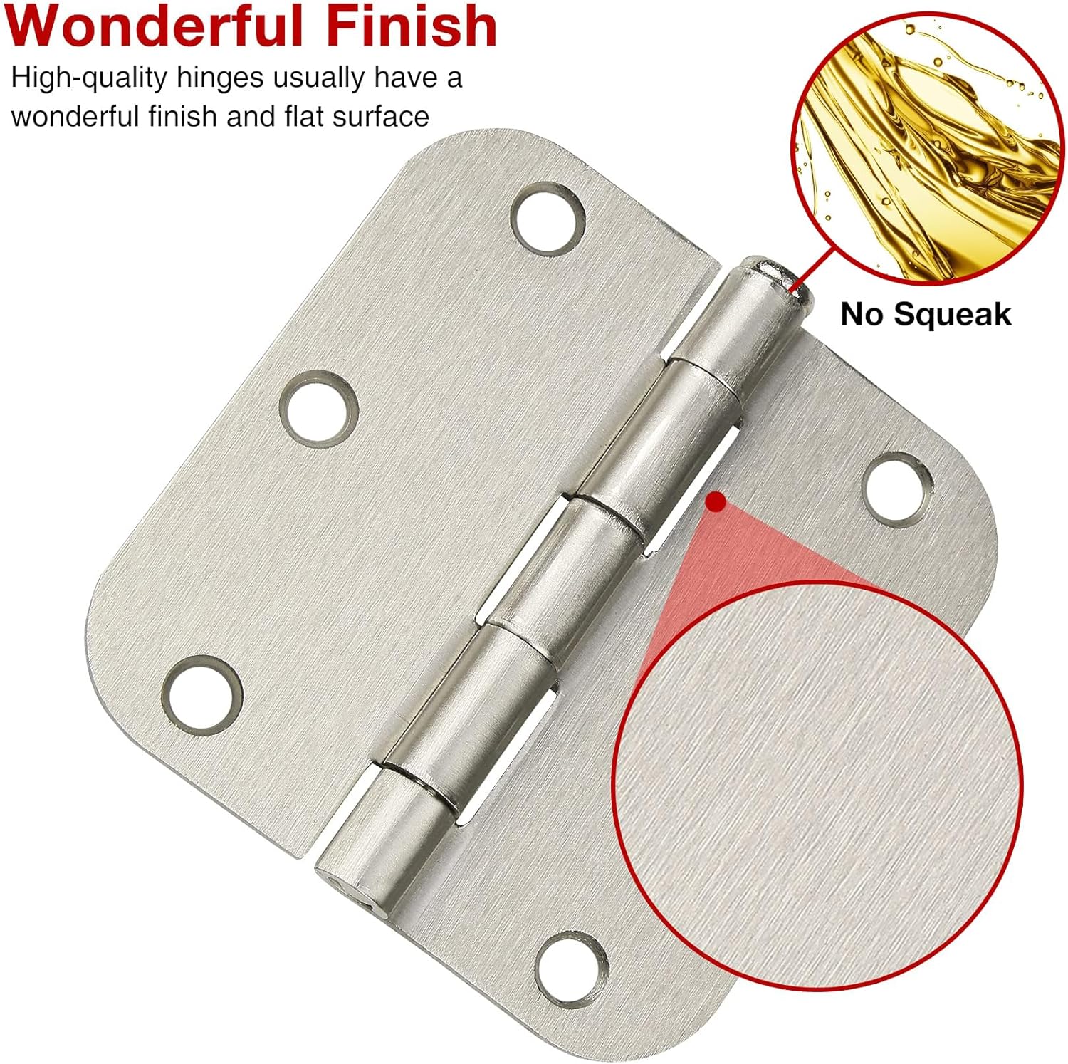 Bisagras para puerta interior, níquel cepillado, paquete de 3 bisagras redondeadas para puerta de dormitorio, níquel satinado, 3.5 x 3.5 pulgadas,