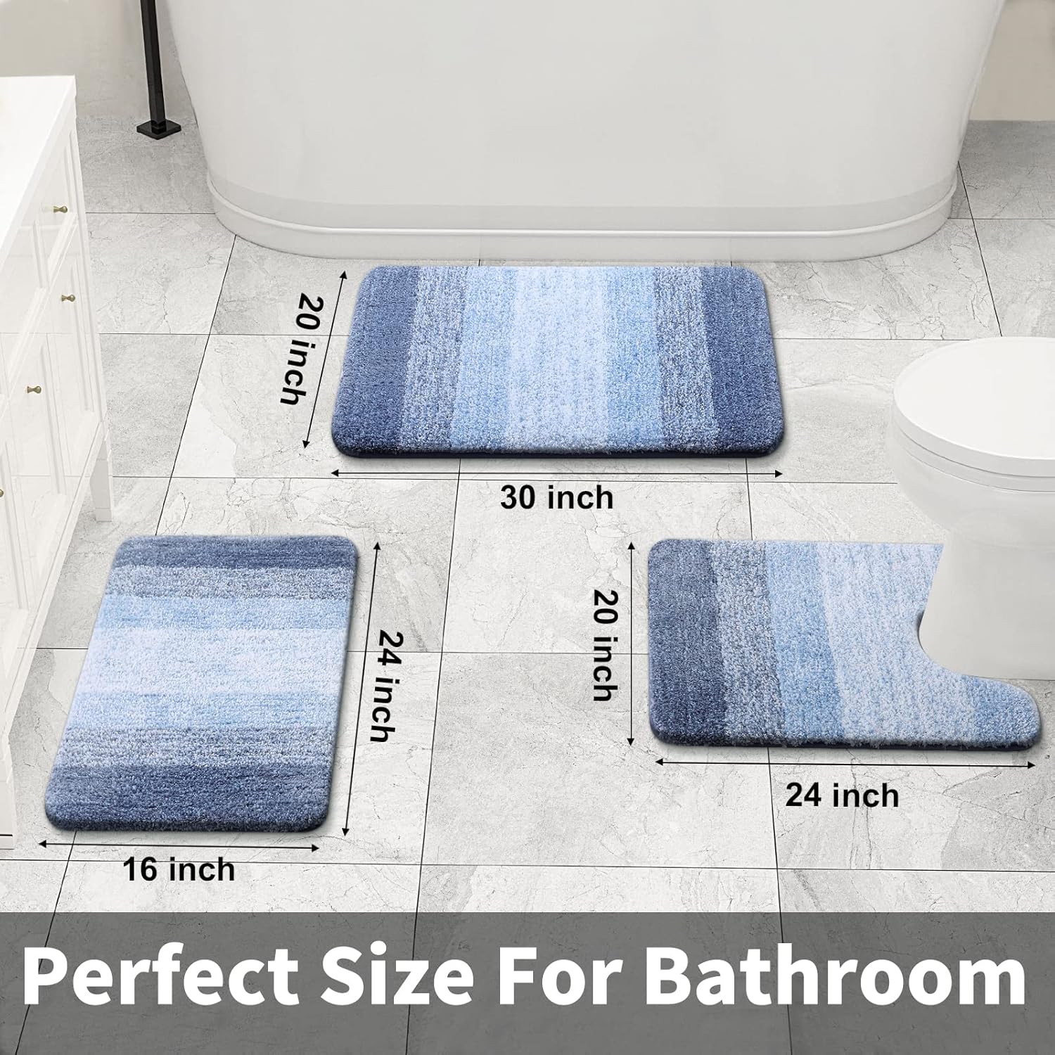 OLANLY Juego de 2 alfombras de baño y alfombras de baño ombré, tamaño 59 x 20 pulgadas y juego de alfombras de baño 30 x 20 + 24 x 20 pulgadas,