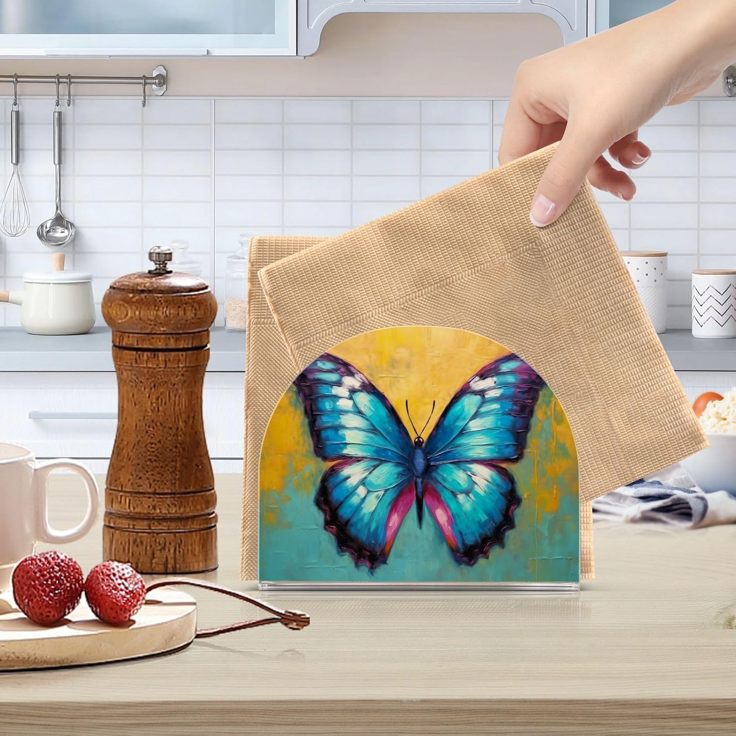 Napkin Holder Butterfly Painting Napkin Holders for Tables, Clear Acrylic Napkin Holders Cocktail Napkin Holder for Kitchen Restaurant Bar Home