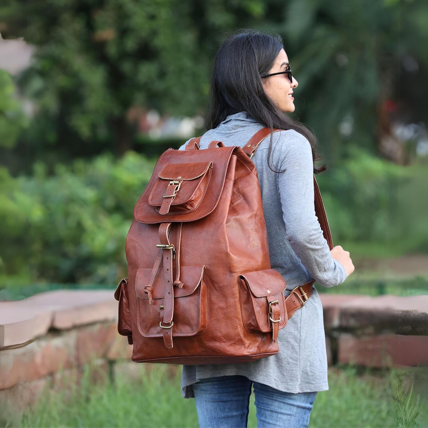 ANUENT Mochila de cuero vintage de 20 pulgadas para hombres y mujeres, bolsa de viaje y portátil marrón oscuro, mochila grande y mochila, perfecta