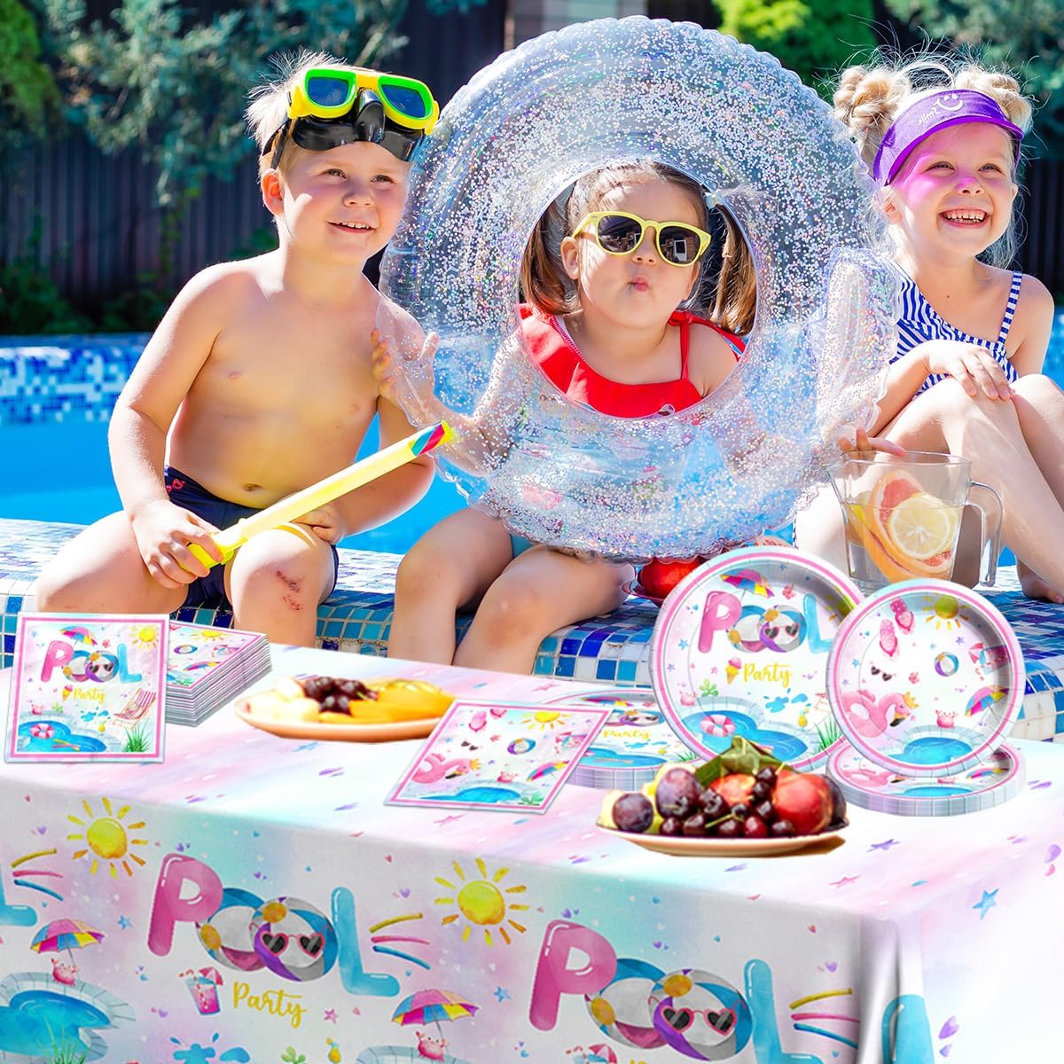 Suministros para fiestas en la piscina, decoración de mesa de cumpleaños rosa para piscina, platos de fiesta de verano, servilletas temáticas de