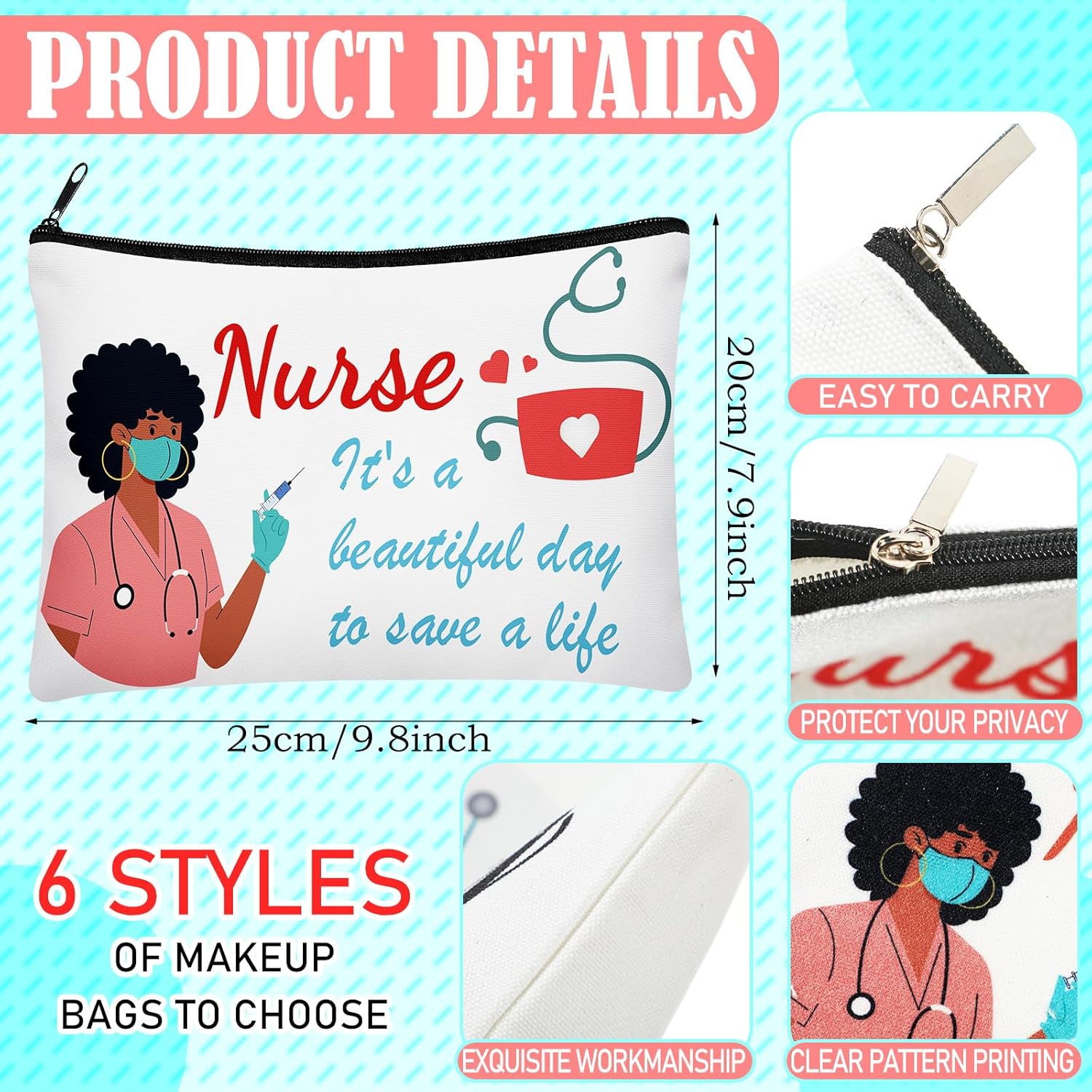 Layhit Bolsa de maquillaje negra para enfermera, 6 unidades, de lona, regalo de enfermera afroamericana, bolsa de maquillaje de viaje, kit de