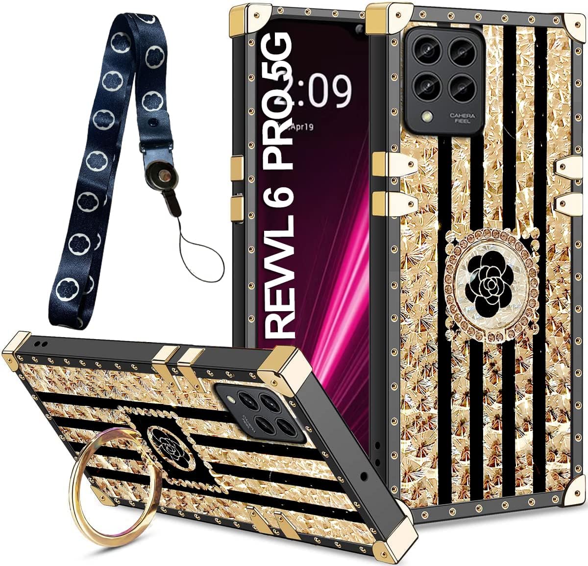 B-wishy Para T-Mobile Revvl 6 Pro6X ProT Phone Pro 5G con soporte de anillo de soporte, remache cuadrado para niñas y mujeres, cristal antigolpes,